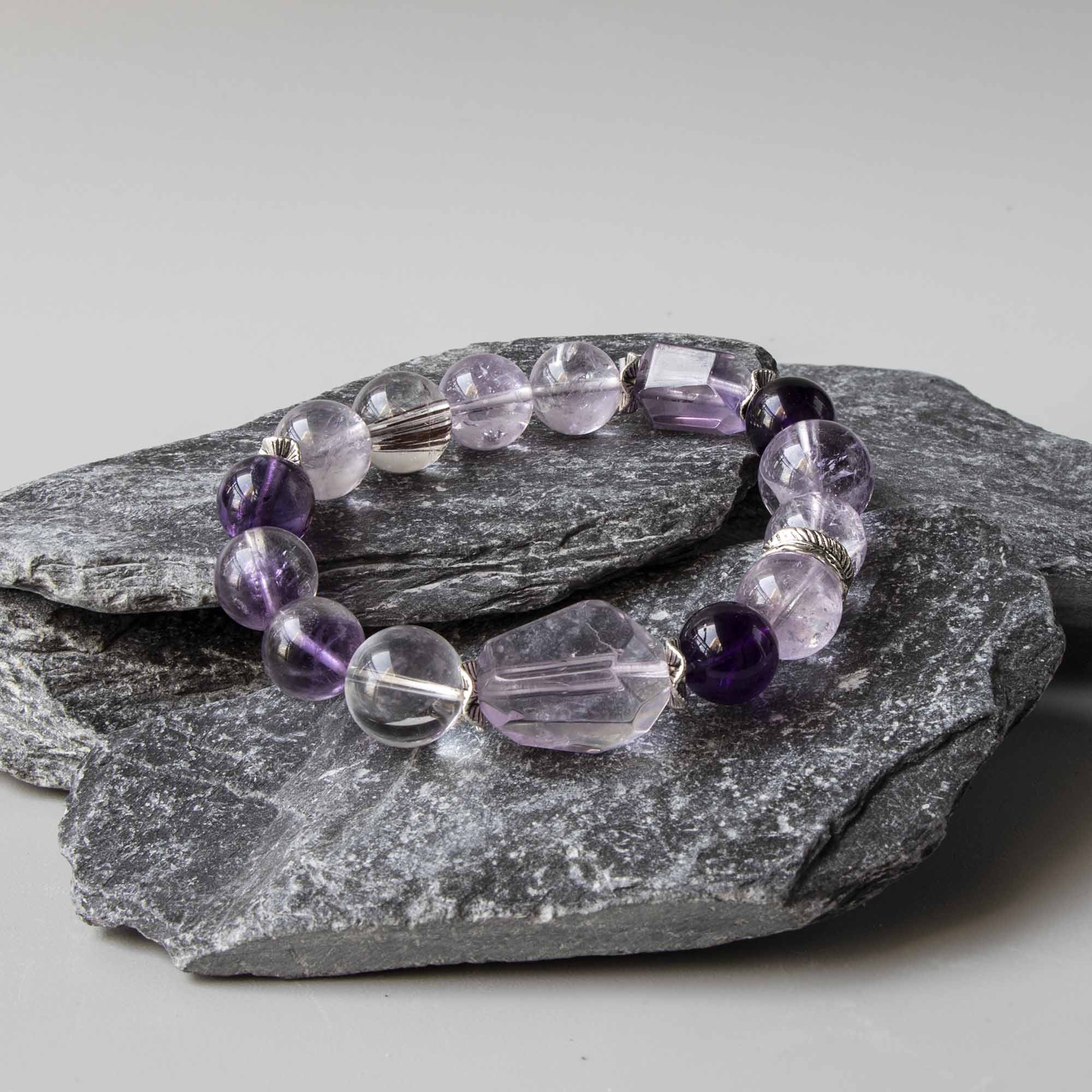 Auralyn Celestial Aura Amethyst Crystal Bracelet with Red Rutilated Quartz & Clear Quartz, 13–14mm Handmade Energy Beads, Tibetan Silver Accents, Emotional Healing & Spiritual Growth