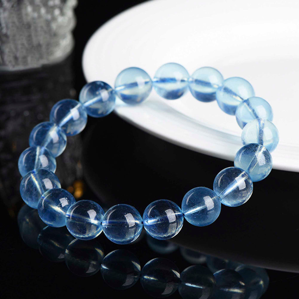 Auralyn Healing Aquamarine Crystal Bracelet, 13–14mm Natural Icy Transparent Aquamarine Beads, Handmade Energy Jewelry for Calm, Communication & Ocean Clarity
