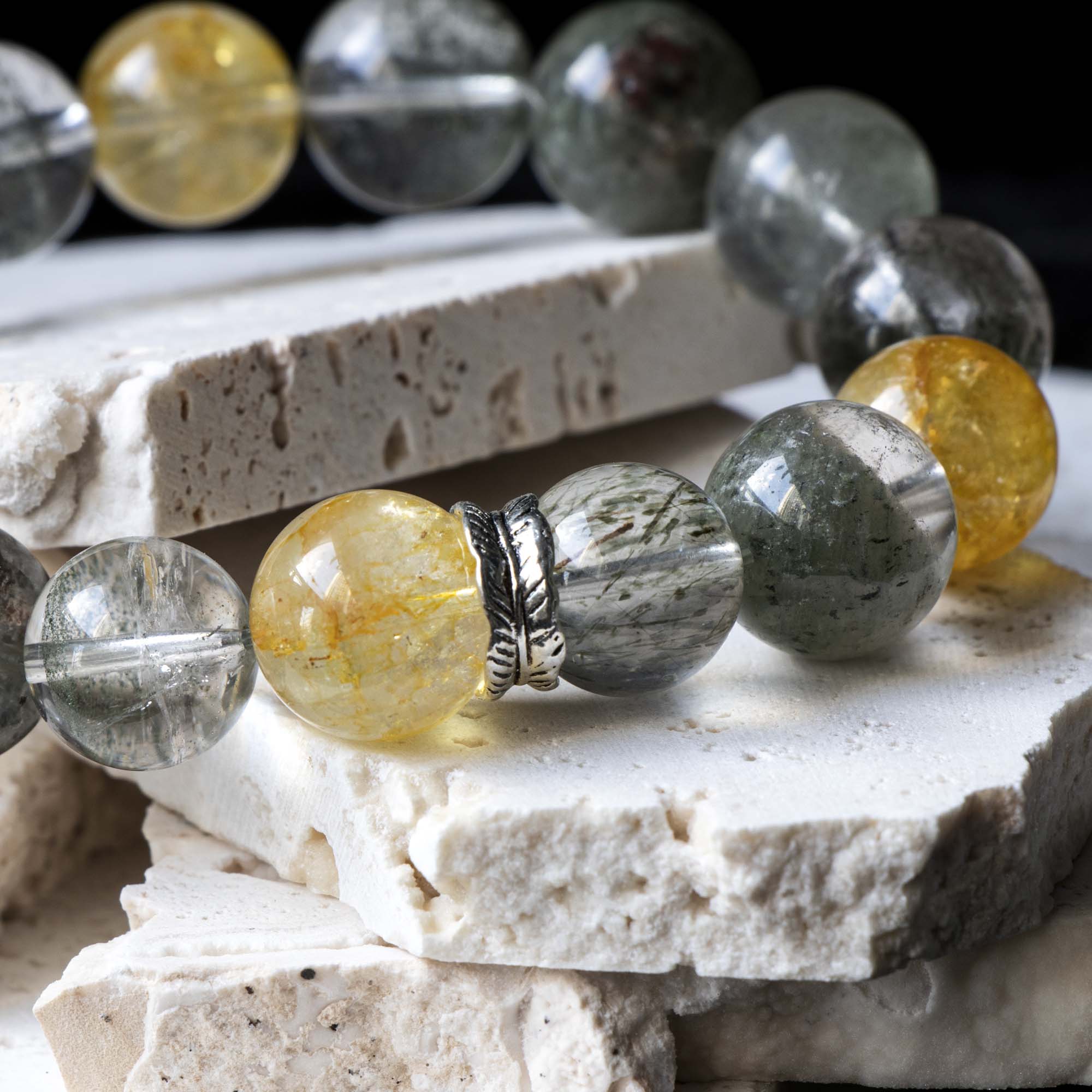 Auralyn Tarot The Empress Green Phantom Crystal Bracelet, 13–14mm Garden Quartz with Impression Jasper, Golden Flower Agate & Tourmaline Rutilated Quartz, Silver Feather Spacer, Handmade Energy Jewelry