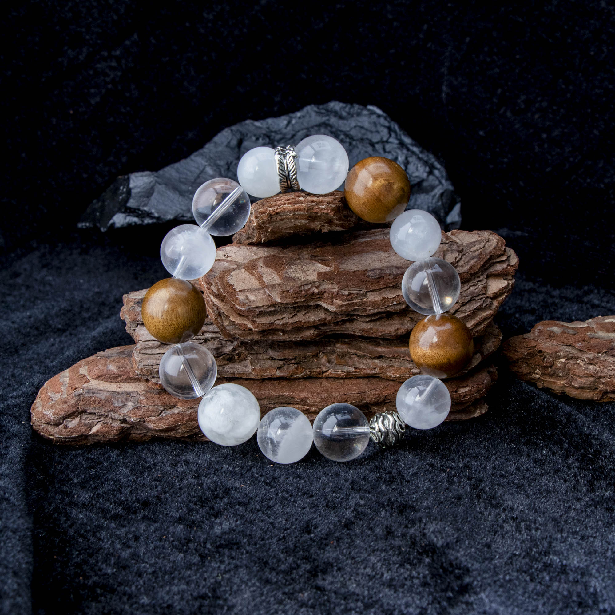 Auralyn Custom Feathered Clarity White Phantom & Clear Quartz Bracelet, 13–14mm Quartz with 15–16mm Golden Phoebe Wood, Tibetan-Silver Feather Spacer & Rings, Handmade Energy Jewelry for Renewal, Clarity & Grounding