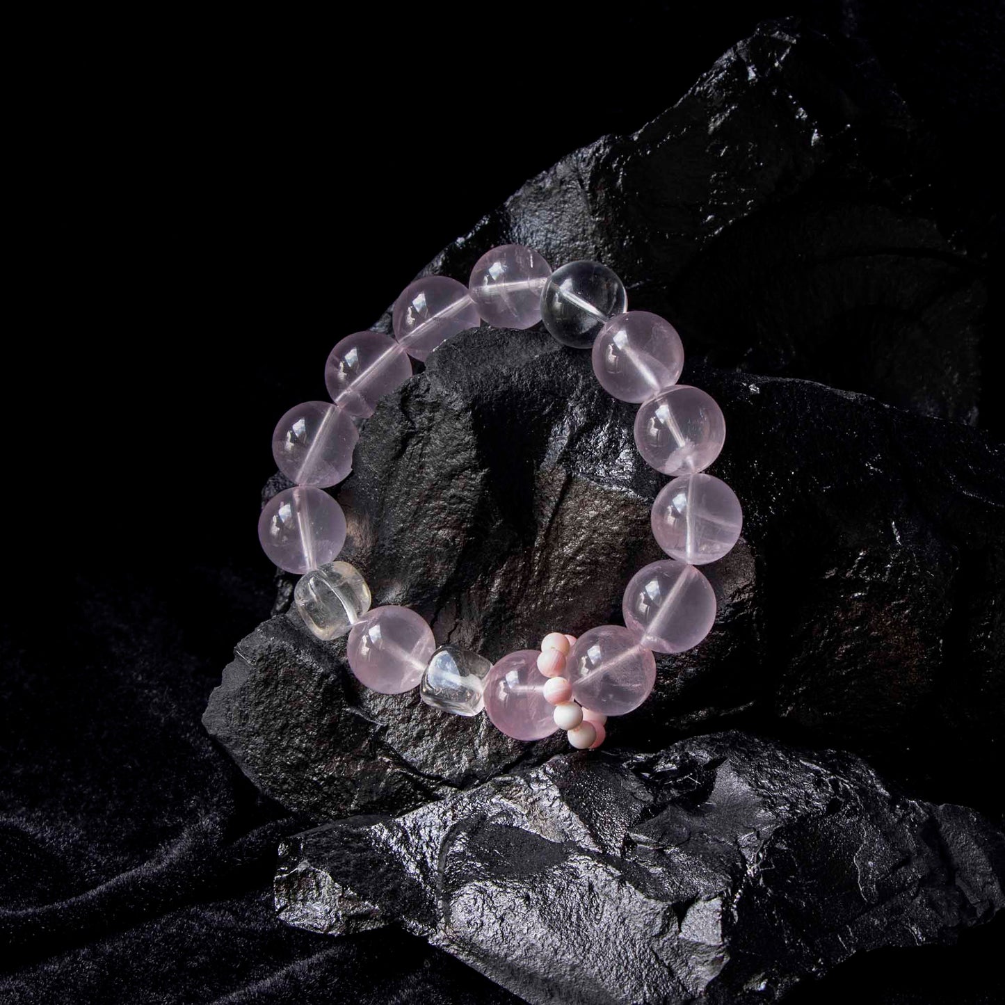 Auralyn Tarot The Lovers Rose Quartz Crystal Bracelet, 13mm Rose Quartz with 12mm Clear Quartz & 2 Irregular “Sugar Cube” Clear Quartz, Pink Agate Runner Ring, Handmade Energy Jewelry for Love & Self-Care