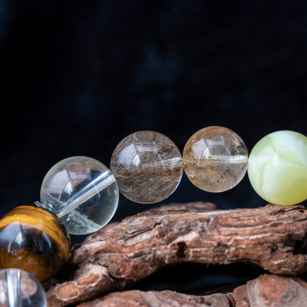 Auralyn Life Rhythm Ground & Glow Crystal Bracelet, 13–14mm Smoky Quartz, Green Quartz, Actinolite & Tourmaline Rutilated Quartz, Flower Agate, Amber, Tiger’s Eye & Red Rutilated, Handmade Energy Jewelry