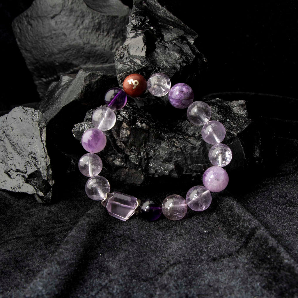 Auralyn Capricorn Amethyst Ascend Crystal Bracelet, 13–14mm Gradient Amethyst Beads with Irregular Amethyst, Tibetan Silver Spacers & Sterling Silver Capricorn Inlaid Redwood Bead, Handmade Zodiac Energy Jewelry for Wisdom & Success