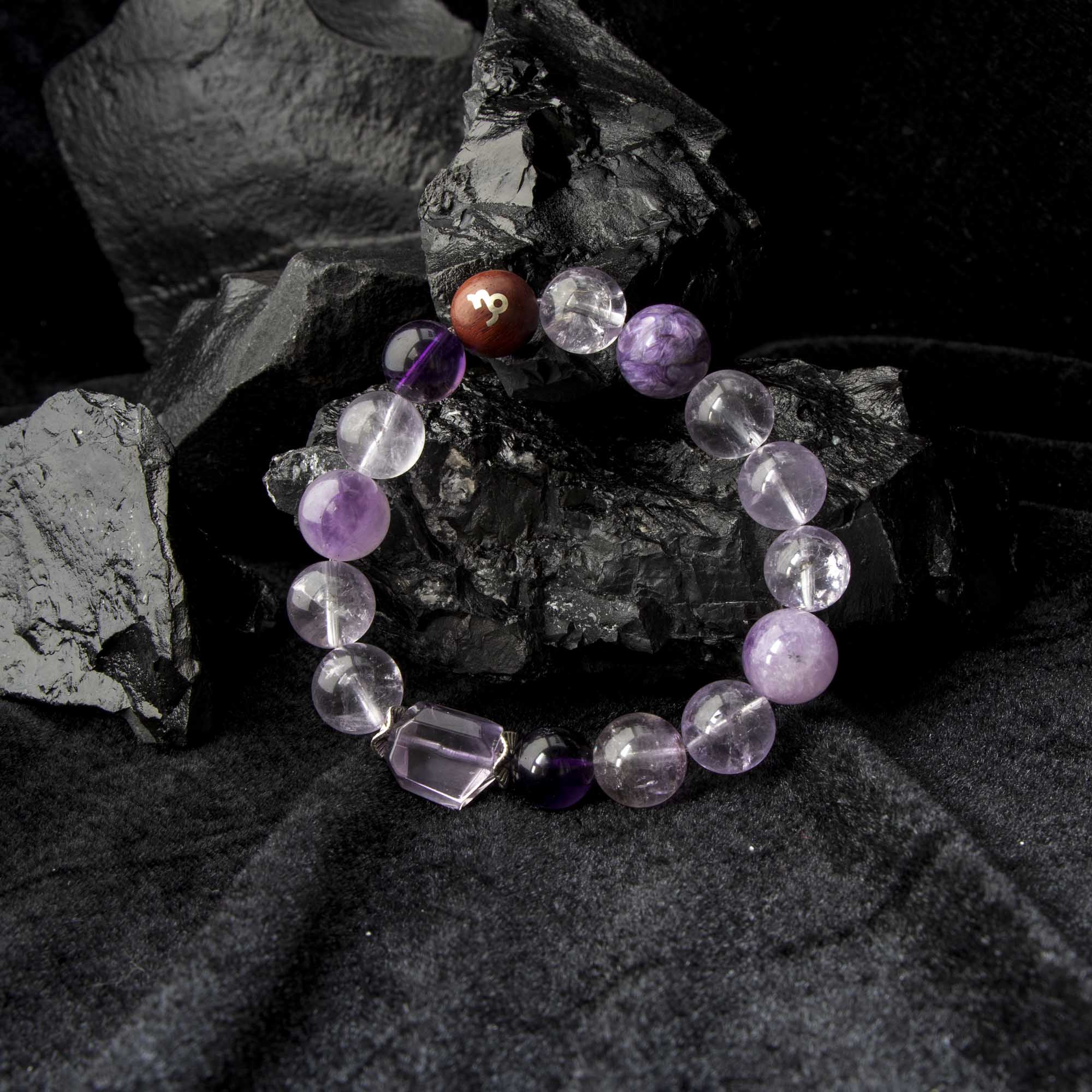 Auralyn Capricorn Amethyst Ascend Crystal Bracelet, 13–14mm Gradient Amethyst Beads with Irregular Amethyst, Tibetan Silver Spacers & Sterling Silver Capricorn Inlaid Redwood Bead, Handmade Zodiac Energy Jewelry for Wisdom & Success