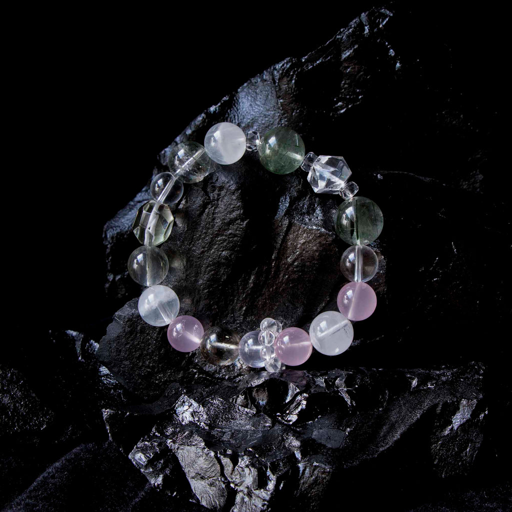 Auralyn Garden of Light Crystal Bracelet, 13–14mm White Phantom, Rose Quartz, Green Phantom, Green Rutilated & Tourmaline Rutilated Quartz with Clear Quartz Spacers, Handmade Energy Jewelry