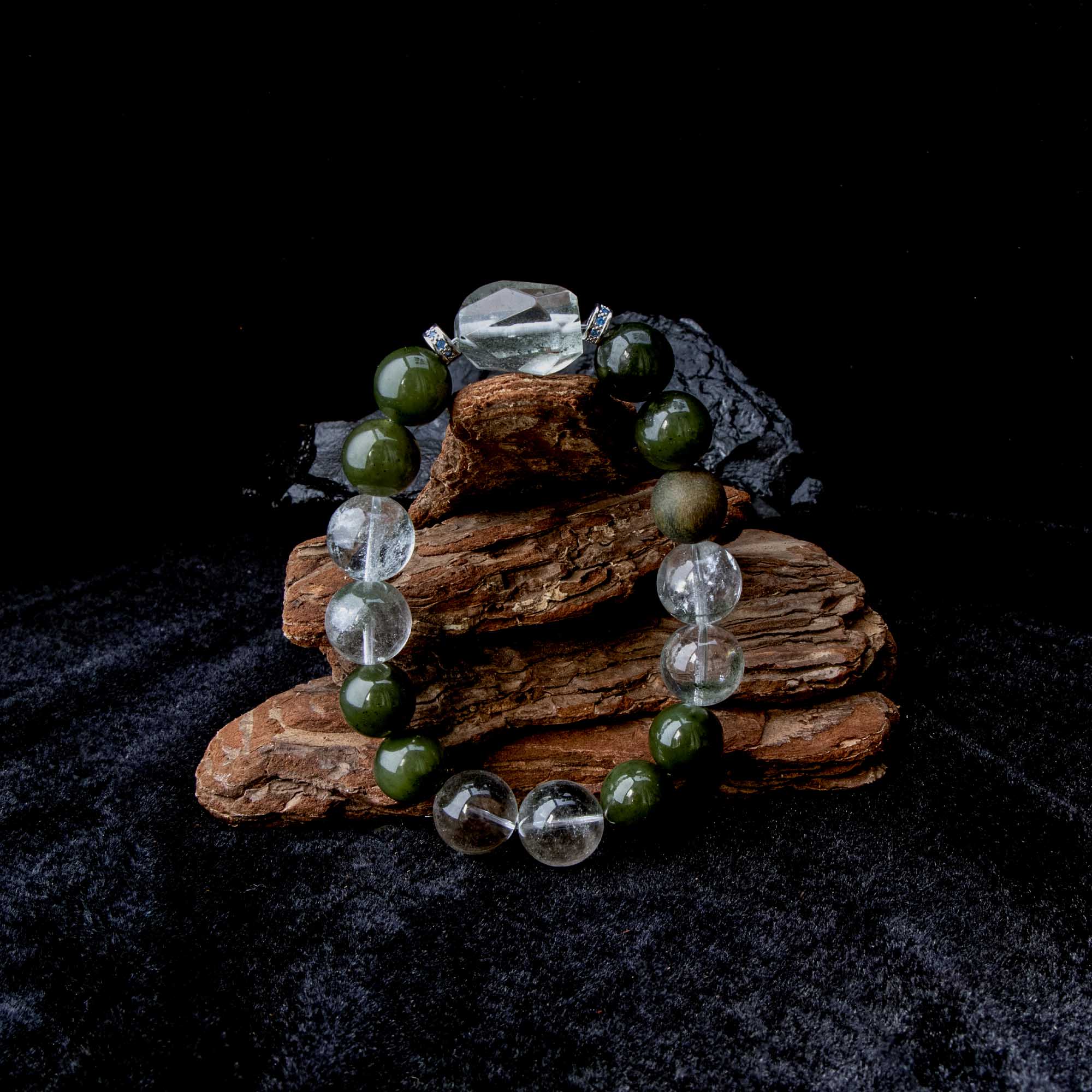 Auralyn Custom Star-Garden Green Phantom Quartz Bracelet, 13–14mm Garden/“Starry” Phantom with Irregular Phantom Accent, Avocado Tone Bead & Natural Wood, Handmade Energy Jewelry for Renewal, Clarity & Grounding