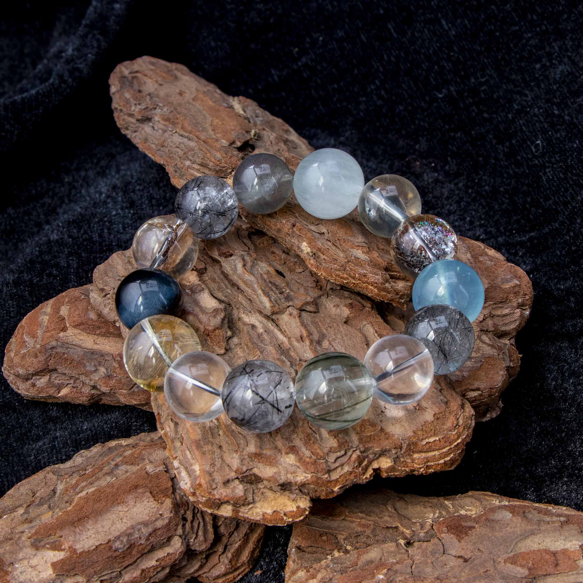 Auralyn Tarot The Chariot Growth & Flow Crystal Bracelet, 13–15mm Green & Black Rutilated Quartz with Clear Quartz, Gold-Foil Flower Agate, White Phantom, Aquamarine & Blue Tiger Eye, Handmade