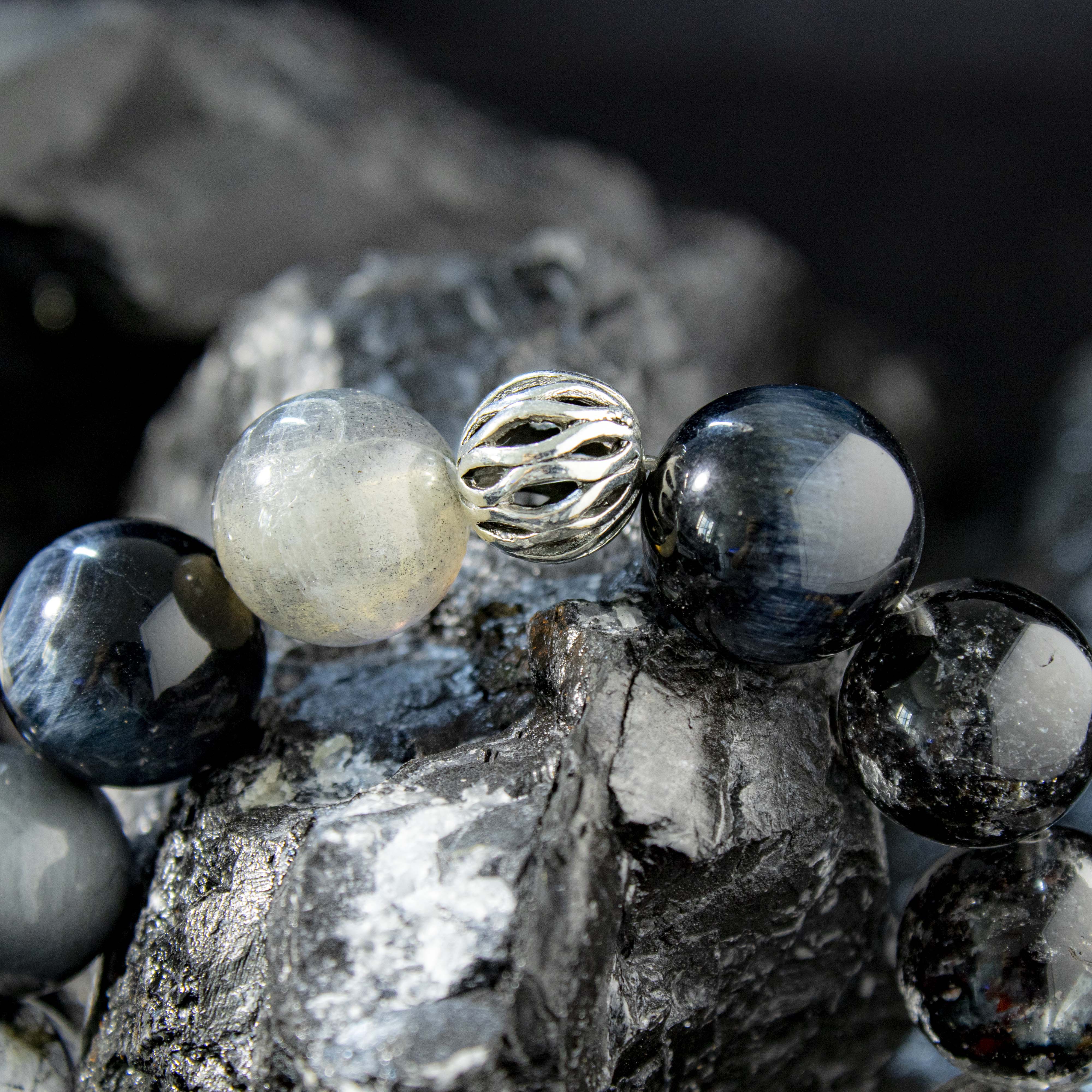 Abyssal Meridian Bracelet – Blue Tiger’s Eye, Black Rutilated, Sparkle Quartz & Gray Moonstone | 13–14mm Handmade Gift