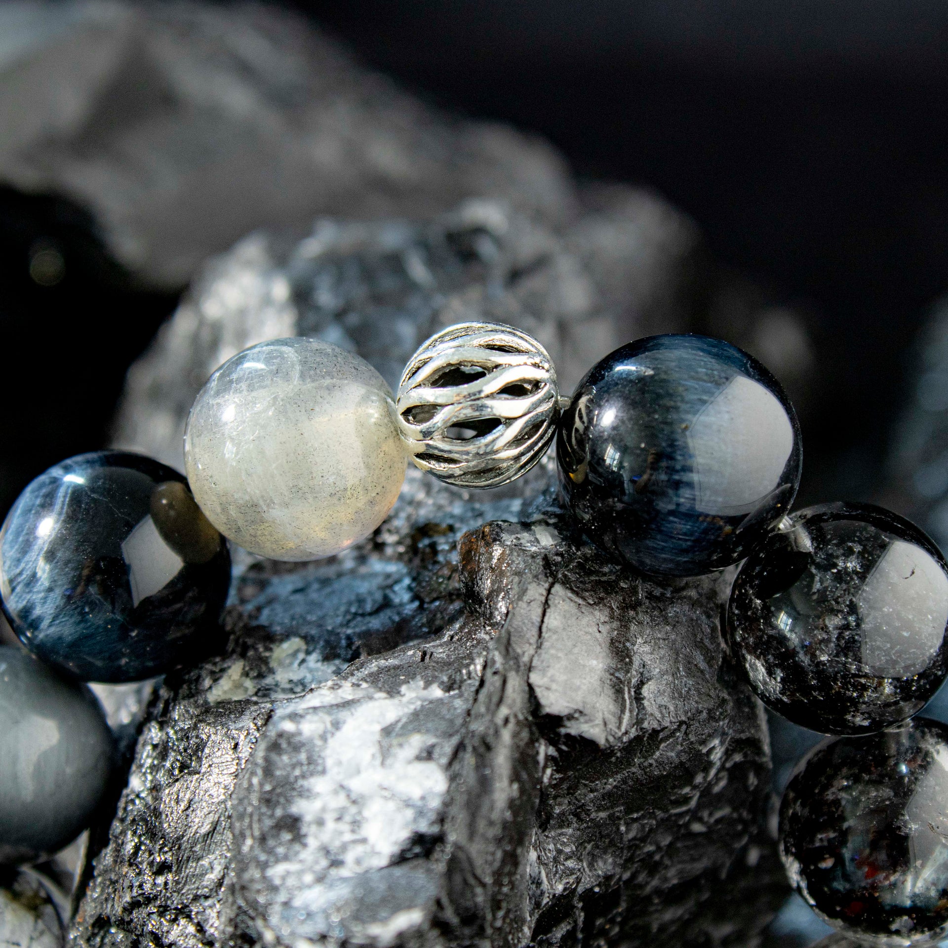 Abyssal Meridian Bracelet – Blue Tiger’s Eye, Black Rutilated, Sparkle Quartz & Gray Moonstone | 13–14mm Handmade Gift