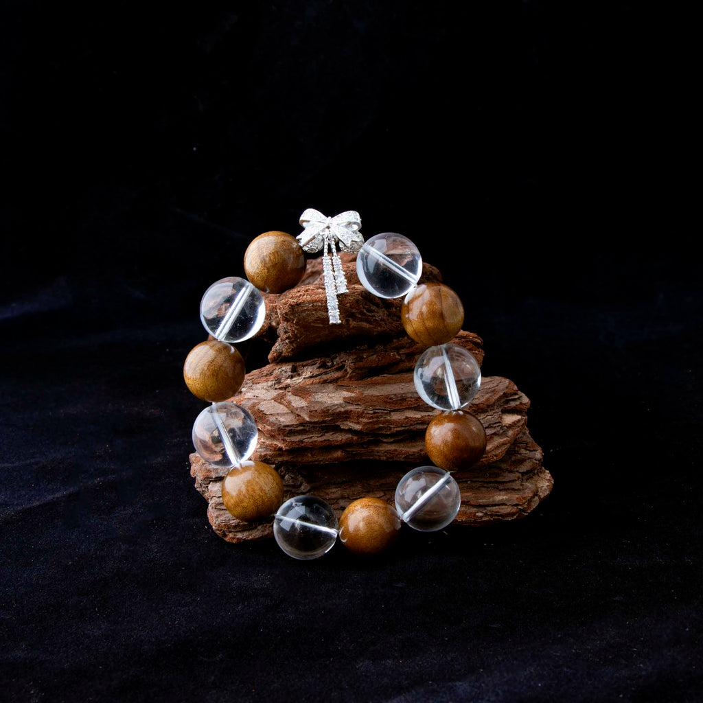 Auralyn Healing Butterfly Serenity Clear Quartz & Golden Phoebe Wood Bracelet, 16–17mm Natural Clear Quartz Beads with Silver-Plated Butterfly Charm, Handmade Mood-Healing Energy Jewelry for Clarity, Calm & Grounding