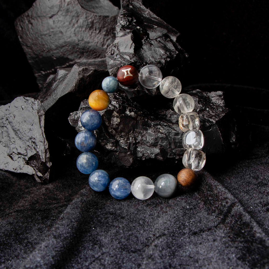 Auralyn Gemini Celestial Flow Crystal Bracelet, 13–14mm Kyanite, Blue Tiger Eye, Aquamarine, White Phantom, Clear Quartz & Herkimer Diamond with 9mm Agarwood and Sterling Silver Gemini Bead, Handmade Zodiac Energy Jewelry