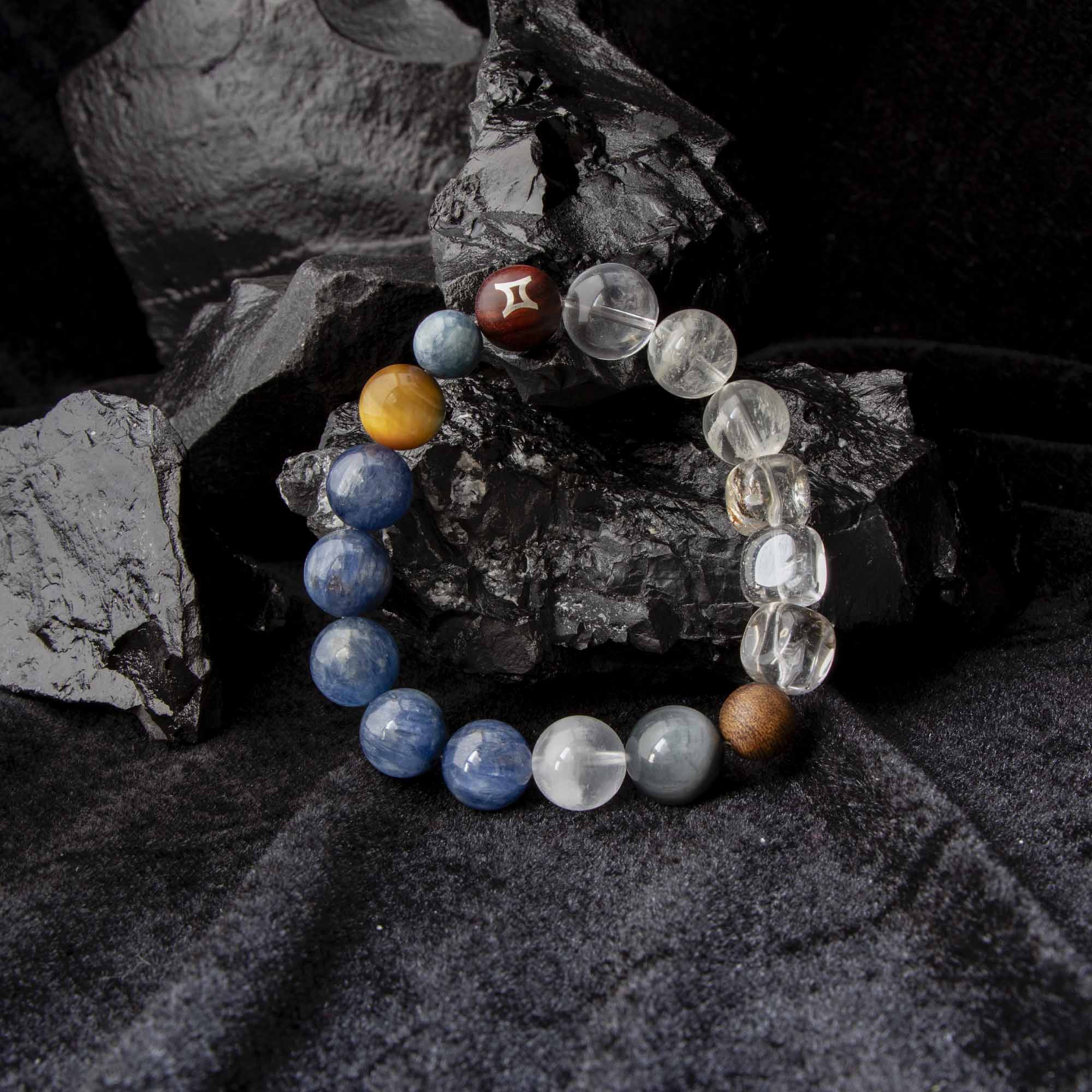 Auralyn Gemini Celestial Flow Crystal Bracelet, 13–14mm Kyanite, Blue Tiger Eye, Aquamarine, White Phantom, Clear Quartz & Herkimer Diamond with 9mm Agarwood and Sterling Silver Gemini Bead, Handmade Zodiac Energy Jewelry