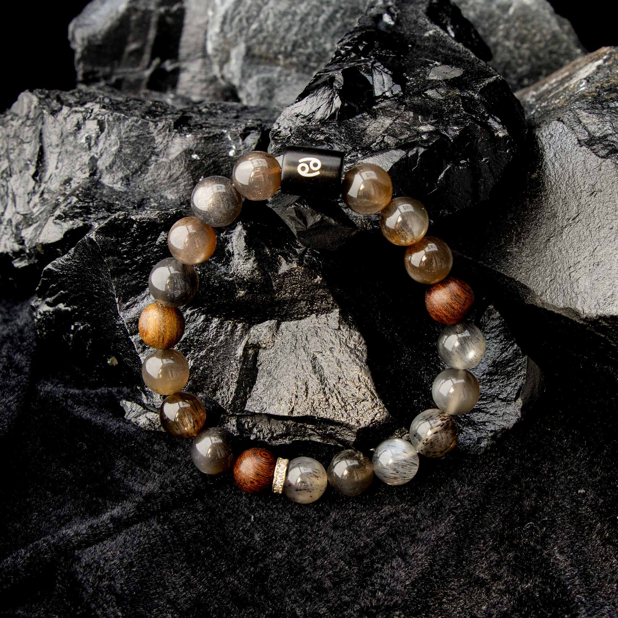 Auralyn Cancer Night-Tide Guardian Zodiac Bracelet, 10–12mm Black Tourmalinated “Backbone” Quartz & Rosewood with Gold-Plated Spacers and Ebony Bead w/ Sterling-Silver Cancer Inlay, Handmade Protective Jewelry Amazon-Style 5 Bullet Points