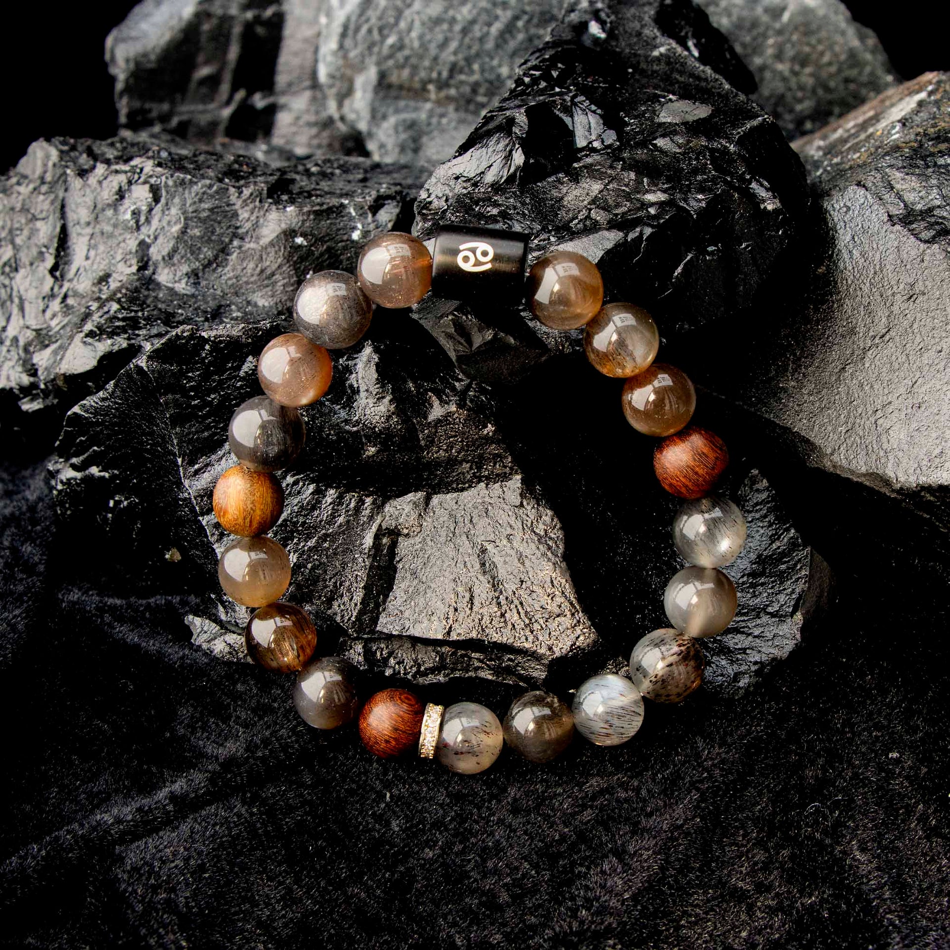 Auralyn Cancer Night-Tide Guardian Zodiac Bracelet, 10–12mm Black Tourmalinated “Backbone” Quartz & Rosewood with Gold-Plated Spacers and Ebony Bead w/ Sterling-Silver Cancer Inlay, Handmade Protective Jewelry Amazon-Style 5 Bullet Points