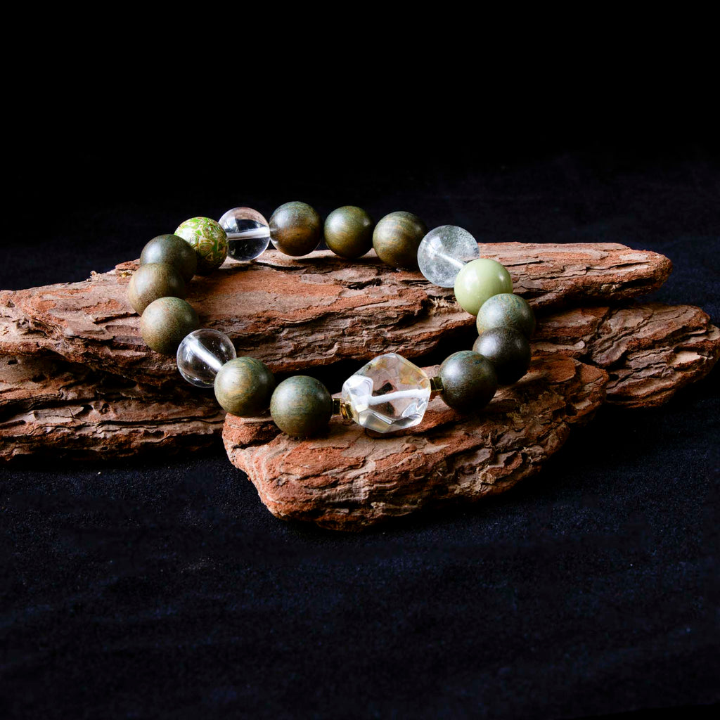 Auralyn Custom Verdant Renewal Crystal Bracelet, 11–12mm Clear Quartz, Green Phantom, Green Sandalwood & Light Avocado Tones with Bi-Color Clear+Citrine Irregular Bead and Silver-Plated Spacers, Handmade Energy Jewelry