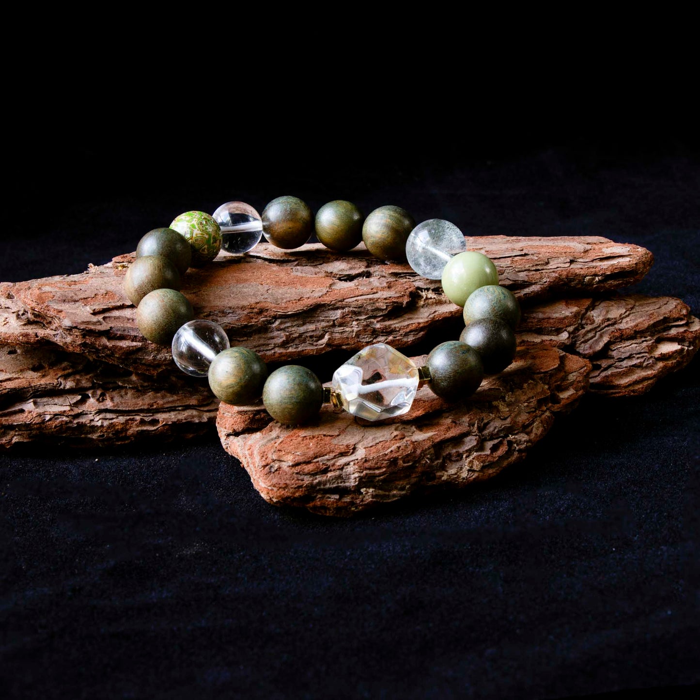 Auralyn Custom Verdant Renewal Crystal Bracelet, 11–12mm Clear Quartz, Green Phantom, Green Sandalwood & Light Avocado Tones with Bi-Color Clear+Citrine Irregular Bead and Silver-Plated Spacers, Handmade Energy Jewelry