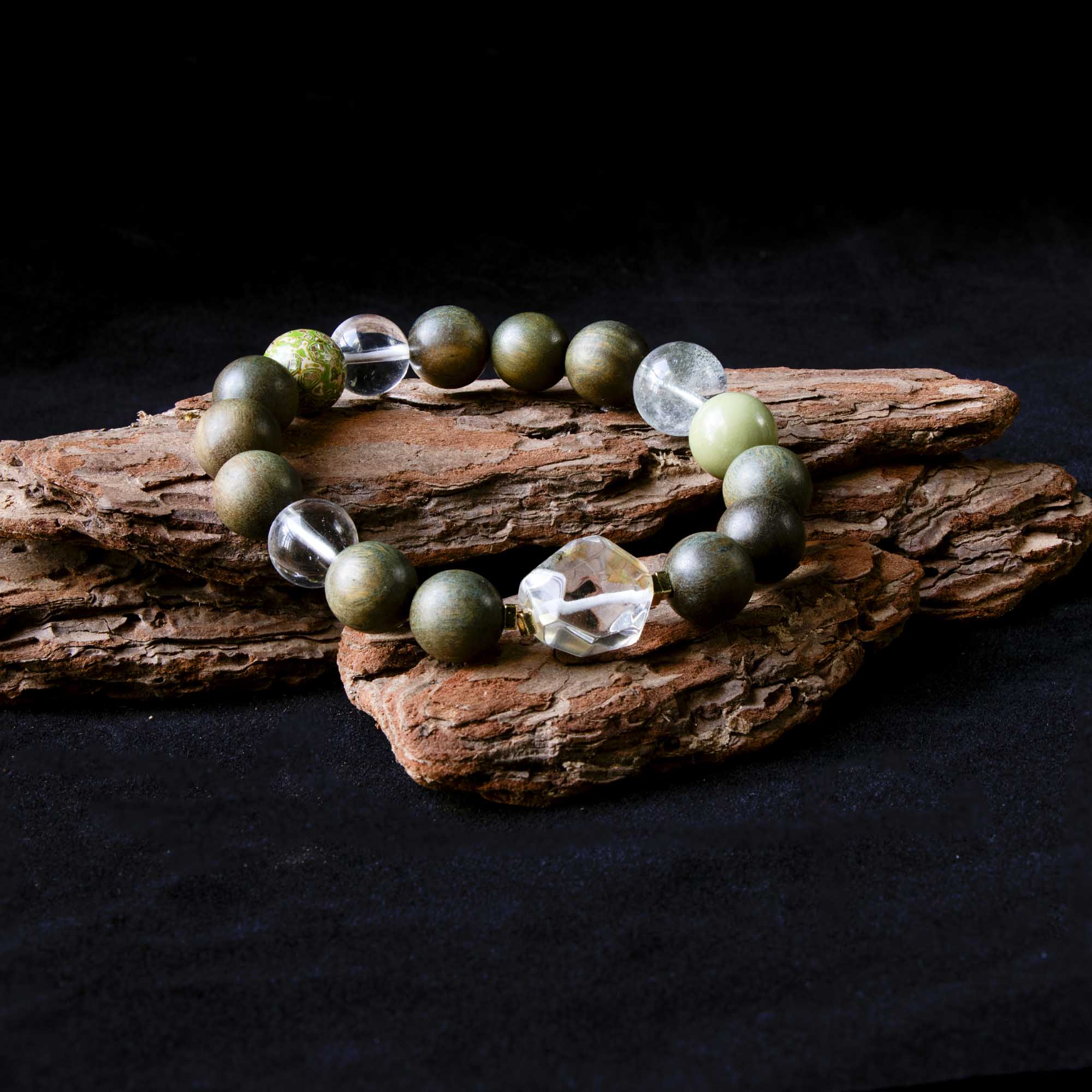 Auralyn Custom Verdant Renewal Crystal Bracelet, 11–12mm Clear Quartz, Green Phantom, Green Sandalwood & Light Avocado Tones with Bi-Color Clear+Citrine Irregular Bead and Silver-Plated Spacers, Handmade Energy Jewelry