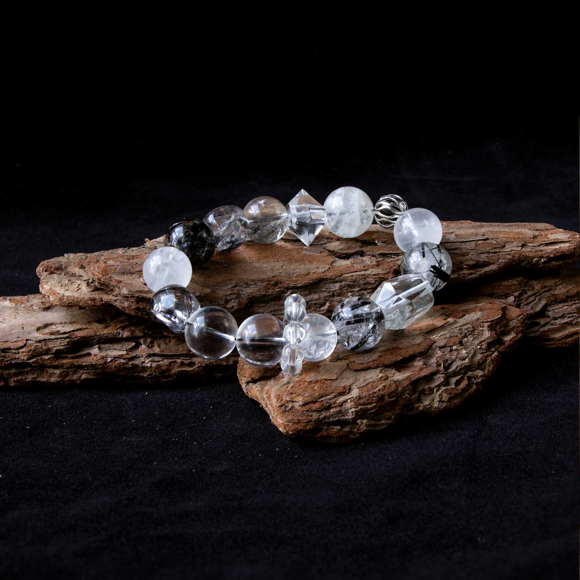 Auralyn Custom Monochrome Clarity Crystal Bracelet, 13–15mm Clear Quartz, White Phantom, Black Labradorite, Black Rutilated Quartz with Herkimer-Style Cone & Irregular Clear Beads, Clear-Quartz Runner Ring, Handmade