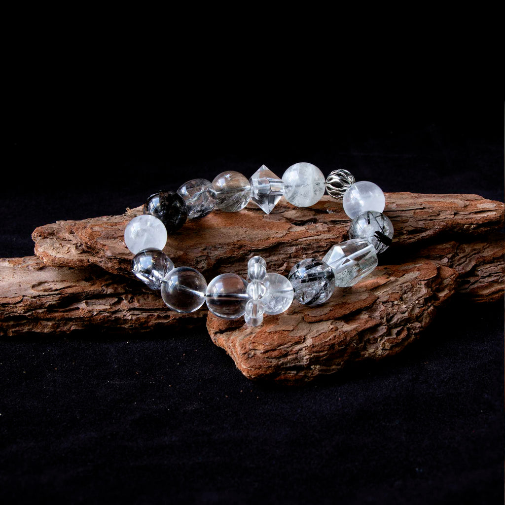 Auralyn Custom Monochrome Clarity Crystal Bracelet, 13–15mm Clear Quartz, White Phantom, Black Labradorite, Black Rutilated Quartz with Herkimer-Style Cone & Irregular Clear Beads, Clear-Quartz Runner Ring, Handmade