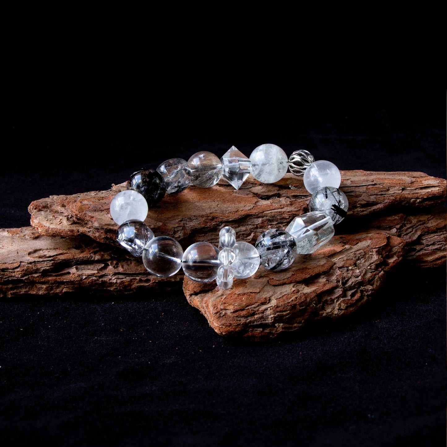 Auralyn Custom Monochrome Clarity Crystal Bracelet, 13–15mm Clear Quartz, White Phantom, Black Labradorite, Black Rutilated Quartz with Herkimer-Style Cone & Irregular Clear Beads, Clear-Quartz Runner Ring, Handmade