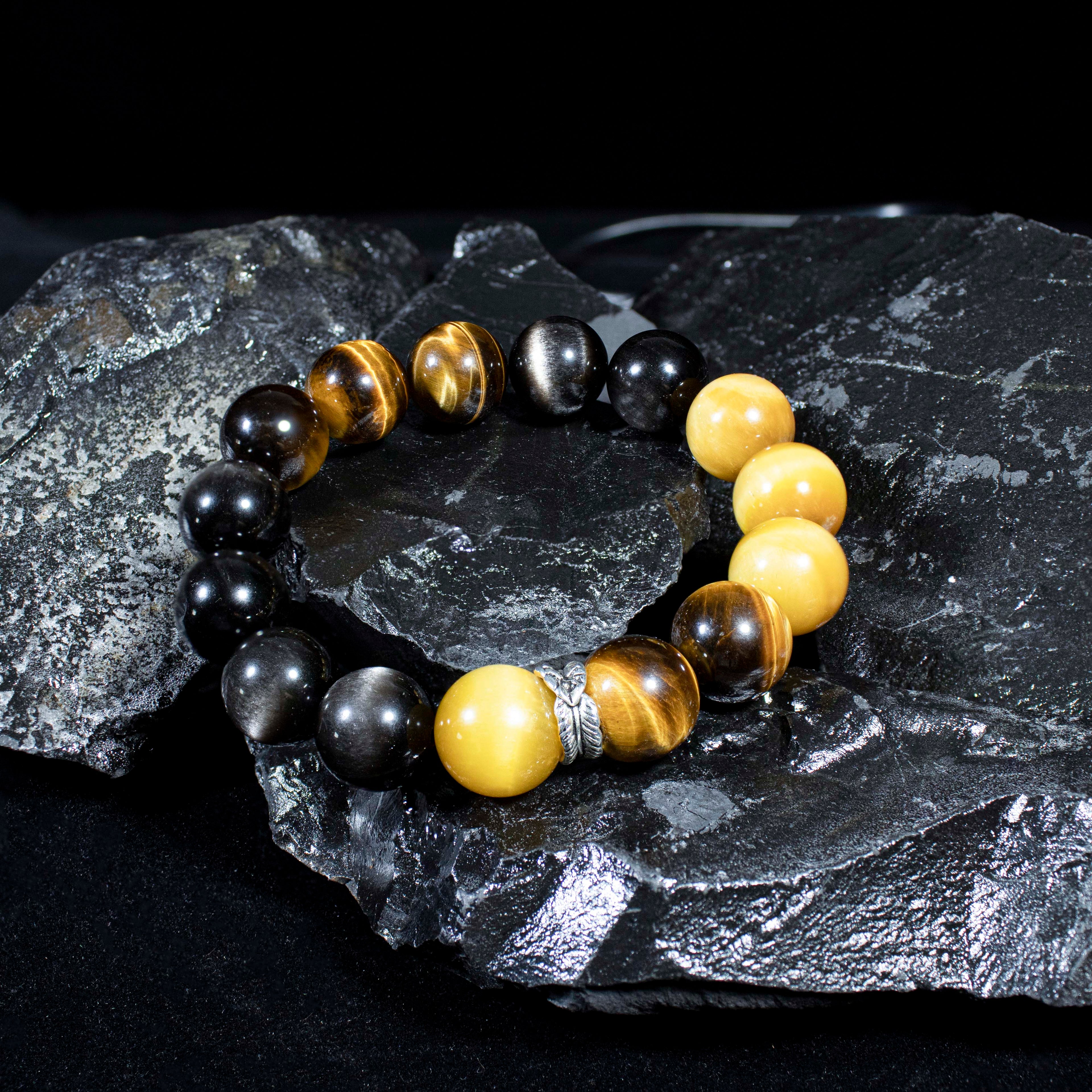 Celestial Guardian Bracelet – Tiger’s Eye & Silver Obsidian with Tibetan Silver Rings | Protective Energy Gift