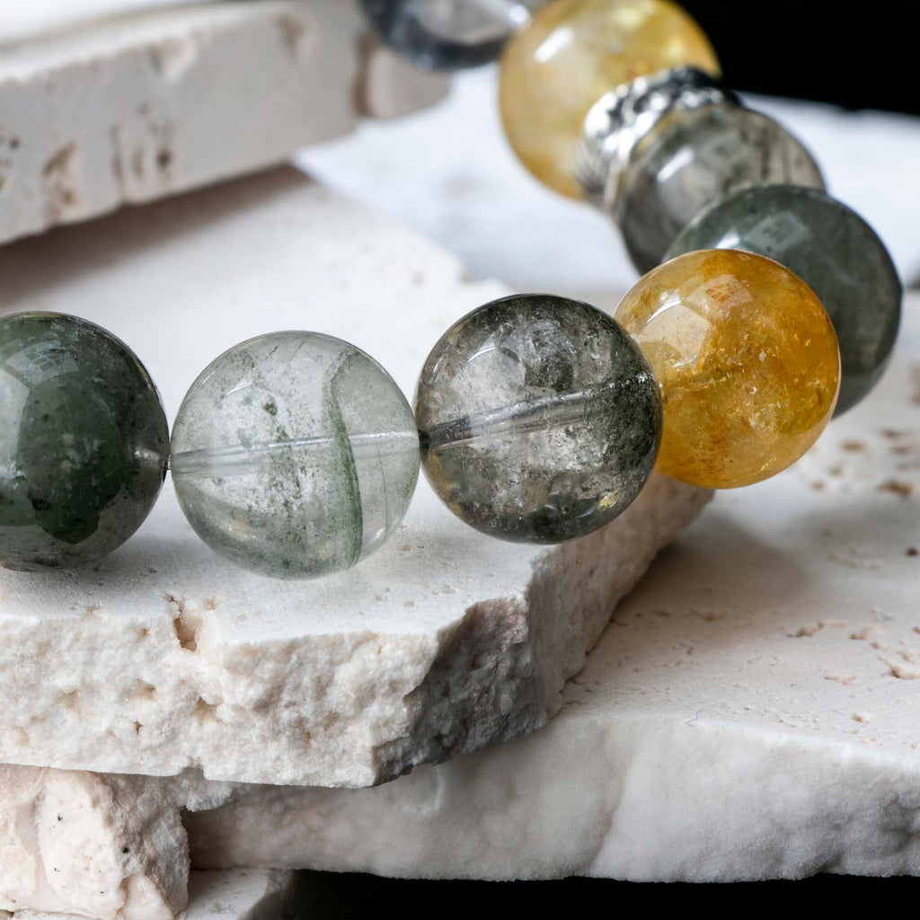 Auralyn Tarot The Empress Green Phantom Crystal Bracelet, 13–14mm Garden Quartz with Impression Jasper, Golden Flower Agate & Tourmaline Rutilated Quartz, Silver Feather Spacer, Handmade Energy Jewelry