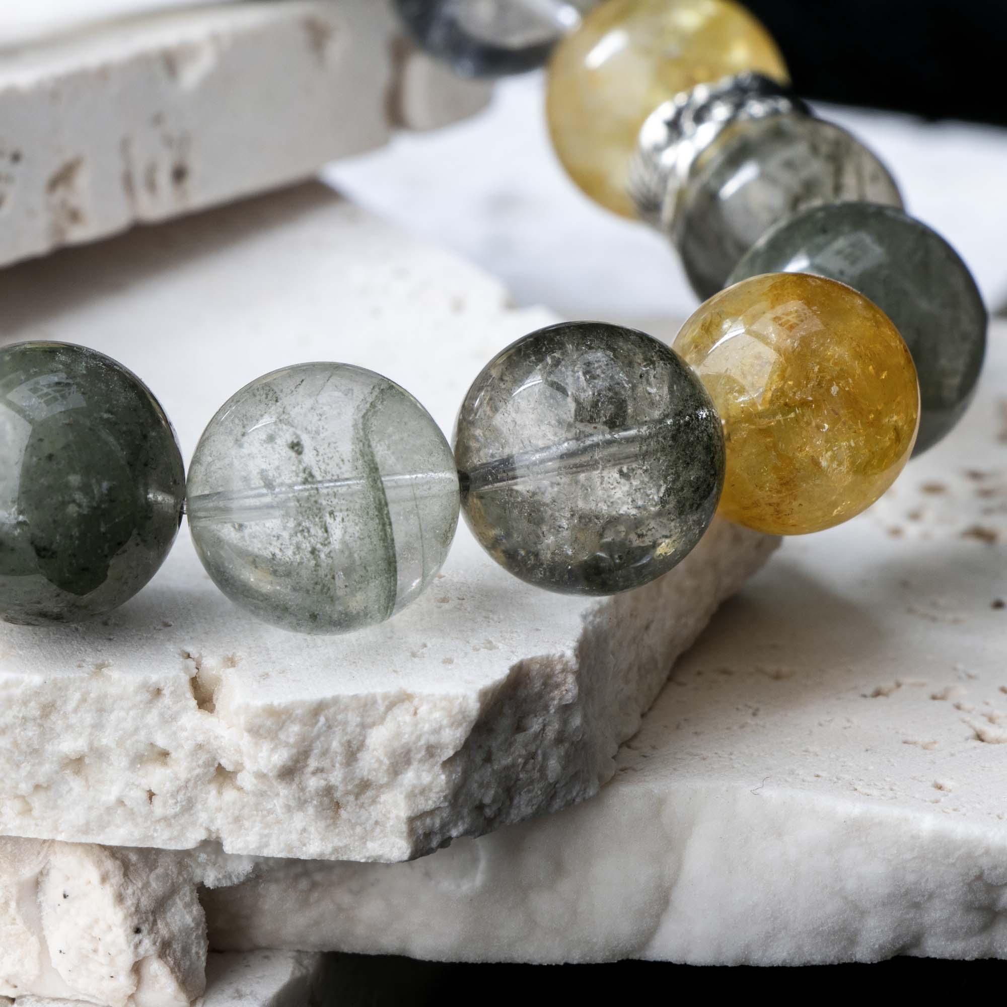 Auralyn Tarot The Empress Green Phantom Crystal Bracelet, 13–14mm Garden Quartz with Impression Jasper, Golden Flower Agate & Tourmaline Rutilated Quartz, Silver Feather Spacer, Handmade Energy Jewelry