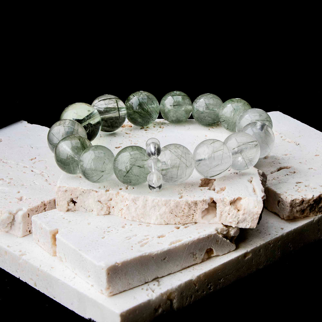 Auralyn Tarot Temperance Green Rutilated Quartz Bracelet, 13–14mm Dark & Light Green Rutilated Gradient with 16mm Green Quartz Center and Clear Quartz Runner Ring, Handmade Crystal Energy Jewelry for Balance & Growth