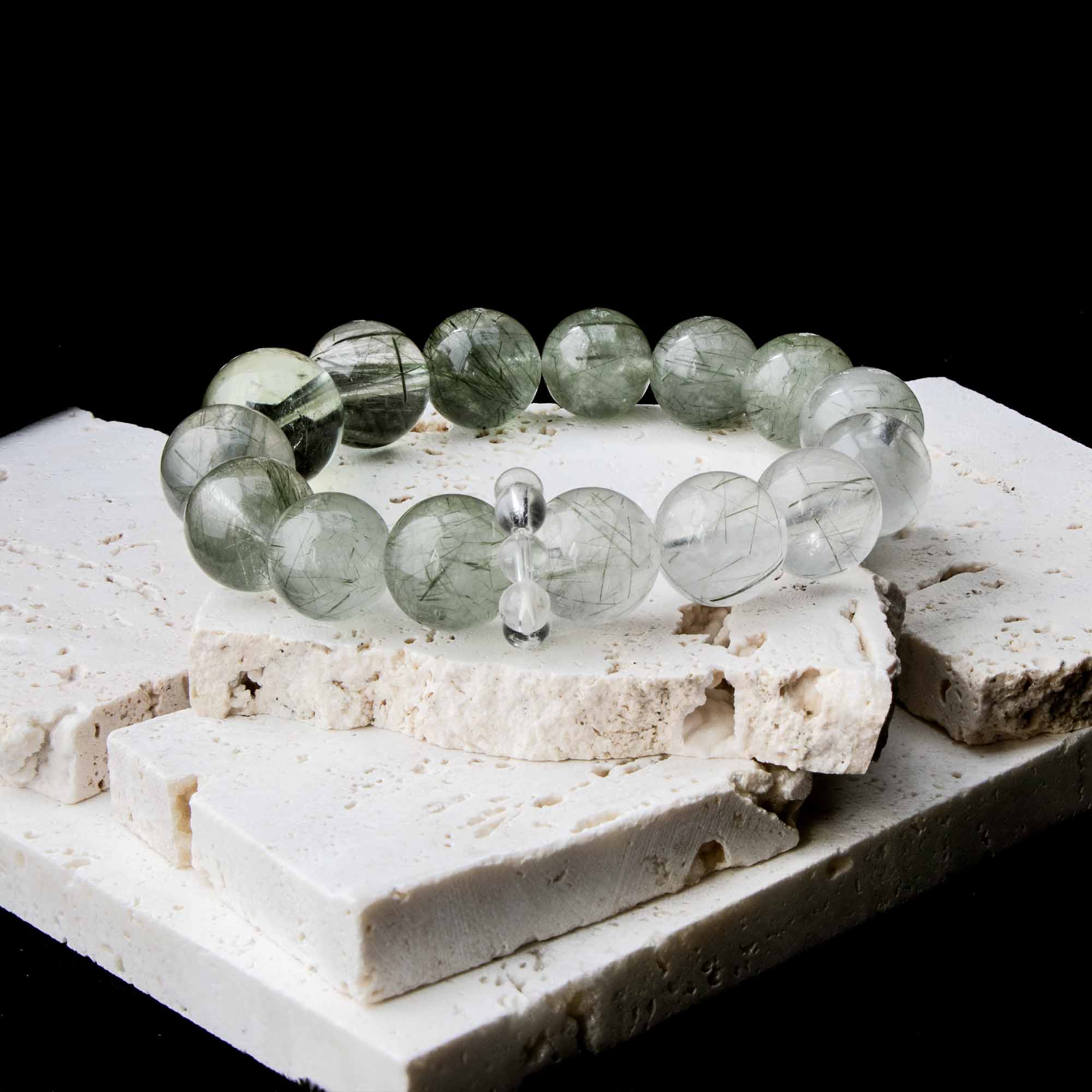 Auralyn Tarot Temperance Green Rutilated Quartz Bracelet, 13–14mm Dark & Light Green Rutilated Gradient with 16mm Green Quartz Center and Clear Quartz Runner Ring, Handmade Crystal Energy Jewelry for Balance & Growth