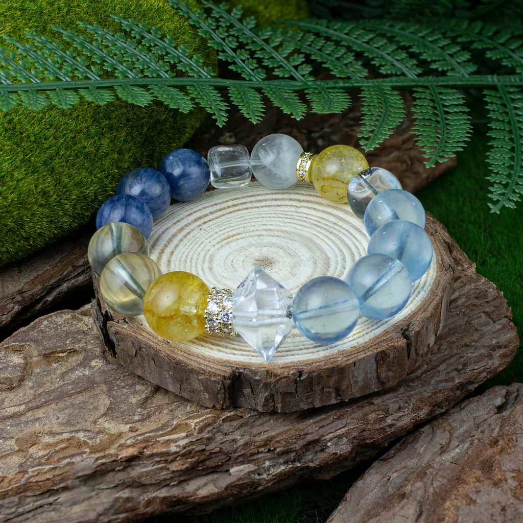 オーラリン タロット テンペランス ブルーゴールド クリスタルブレスレット、13～14mm カイヤナイト、アクアマリン、ホワイトファントム、シトリン、ゴールデンフラワーアゲート、ハーキマースタイルのイレギュラー＆シュガーキューブアクセント、ゴールドメッキスペーサー、ハンドメイドエネルギージュエリー