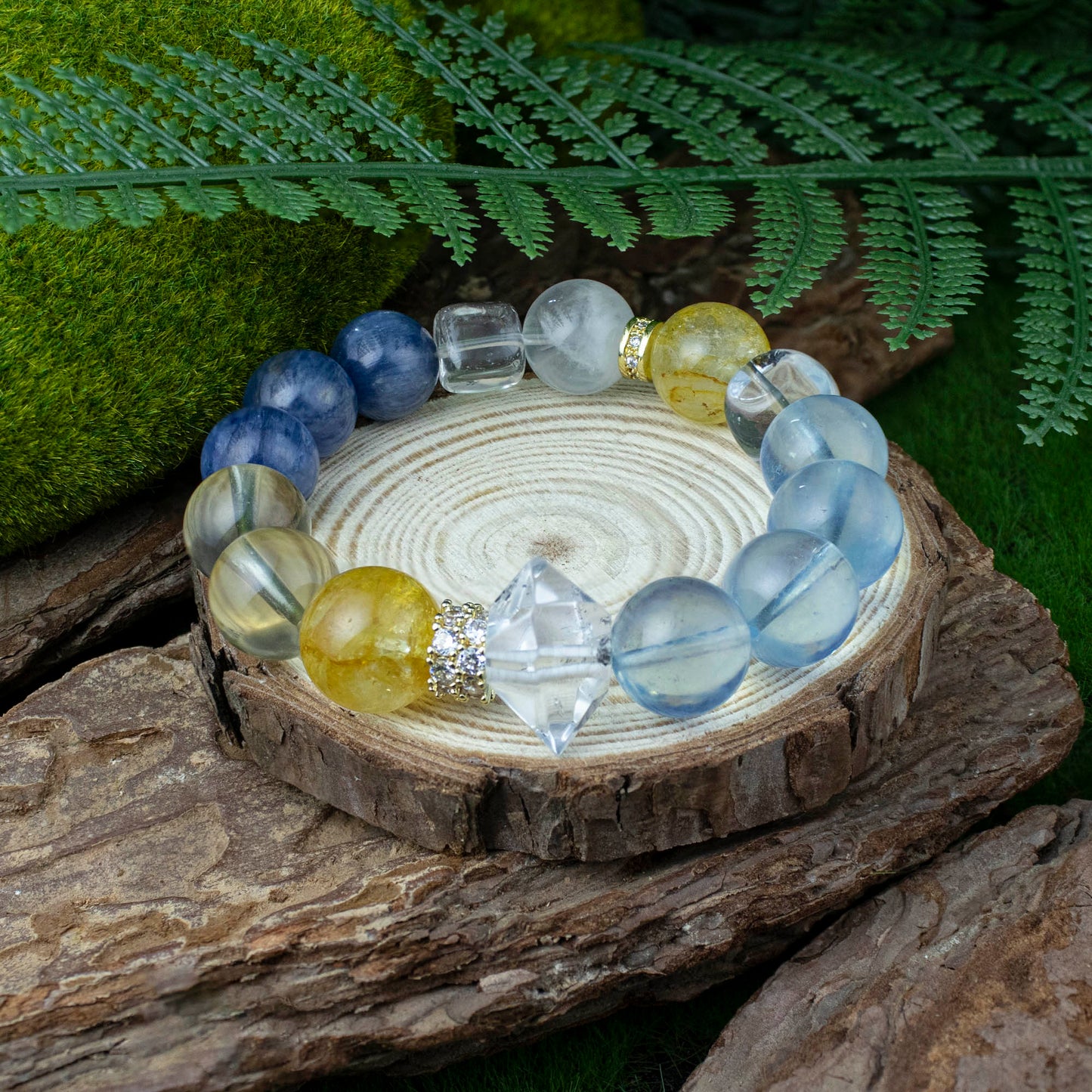 Auralyn Tarot Temperance Blue–Gold Crystal Bracelet, 13–14mm Kyanite, Aquamarine, White Phantom & Citrine with Golden Flower Agate, Herkimer-Style Irregular & Sugar-Cube Accents, Gold-Plated Spacers, Handmade Energy Jewelry