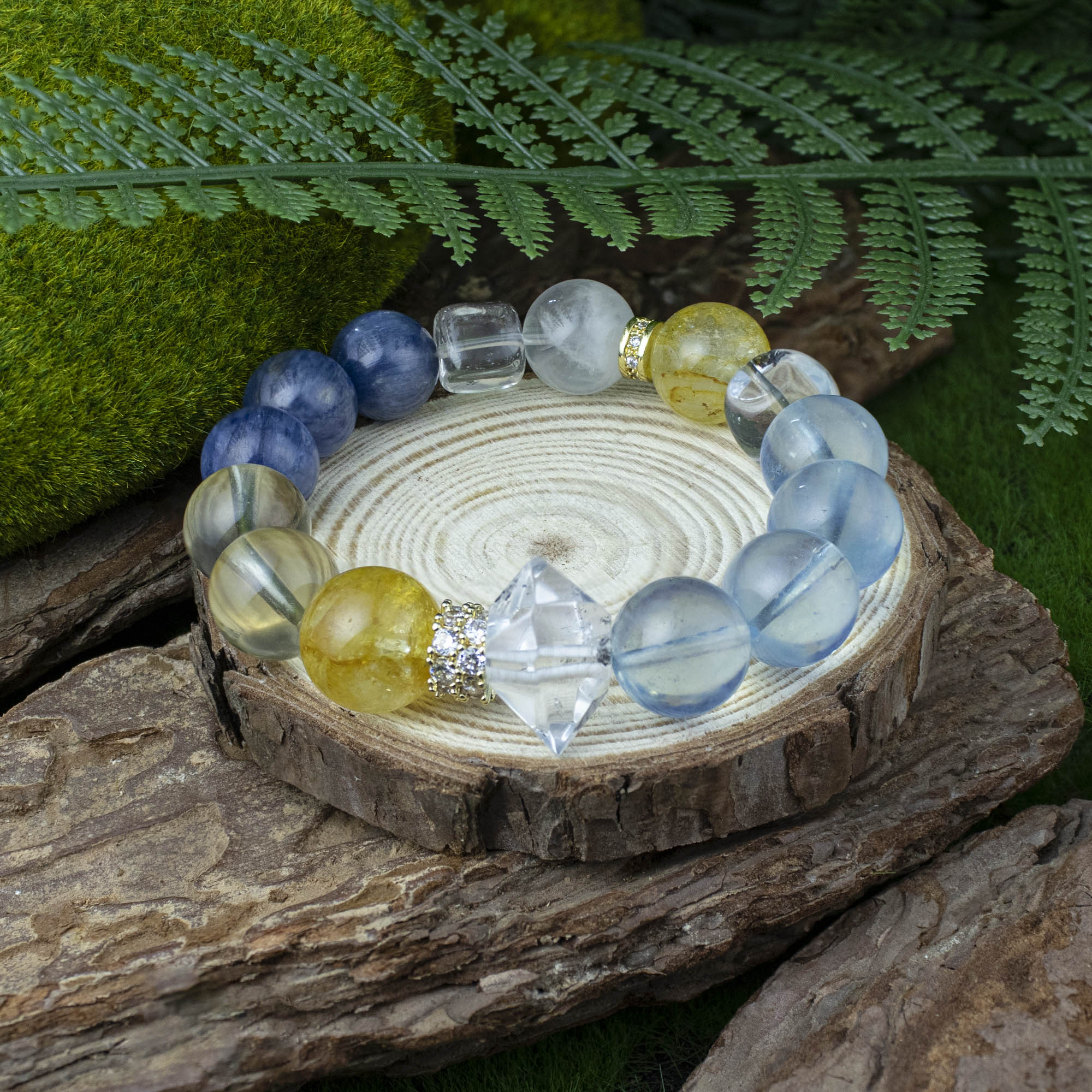 オーラリン タロット テンペランス ブルーゴールド クリスタルブレスレット、13～14mm カイヤナイト、アクアマリン、ホワイトファントム、シトリン、ゴールデンフラワーアゲート、ハーキマースタイルのイレギュラー＆シュガーキューブアクセント、ゴールドメッキスペーサー、ハンドメイドエネルギージュエリー