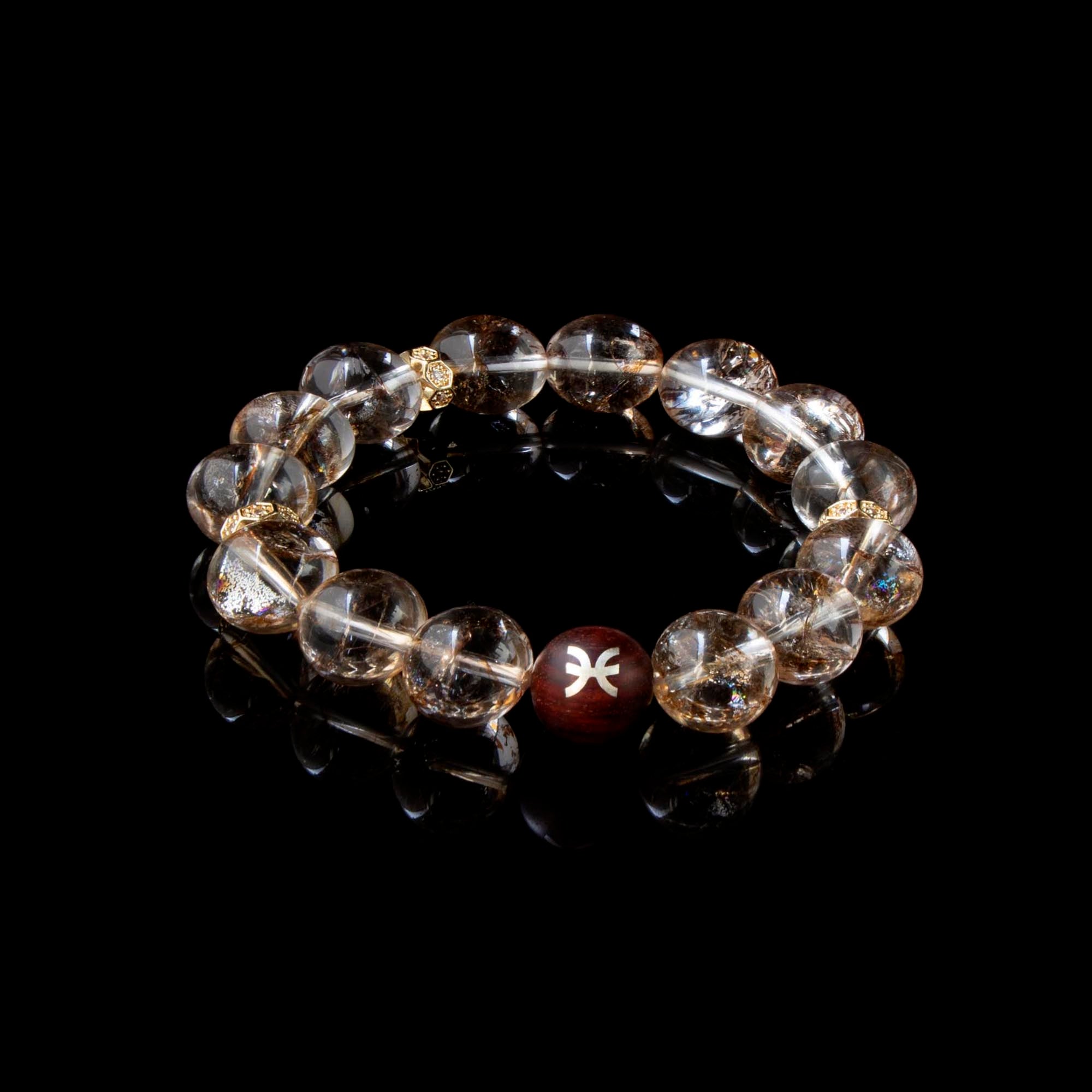 Auralyn Pisces Golden Bloom Crystal Bracelet, 12–13mm Gold-Foil Flower Quartz Beads with Sterling-Silver Inlaid Pisces Redwood Bead, Handmade Zodiac Energy Jewelry for Intuition, Love & Abundance