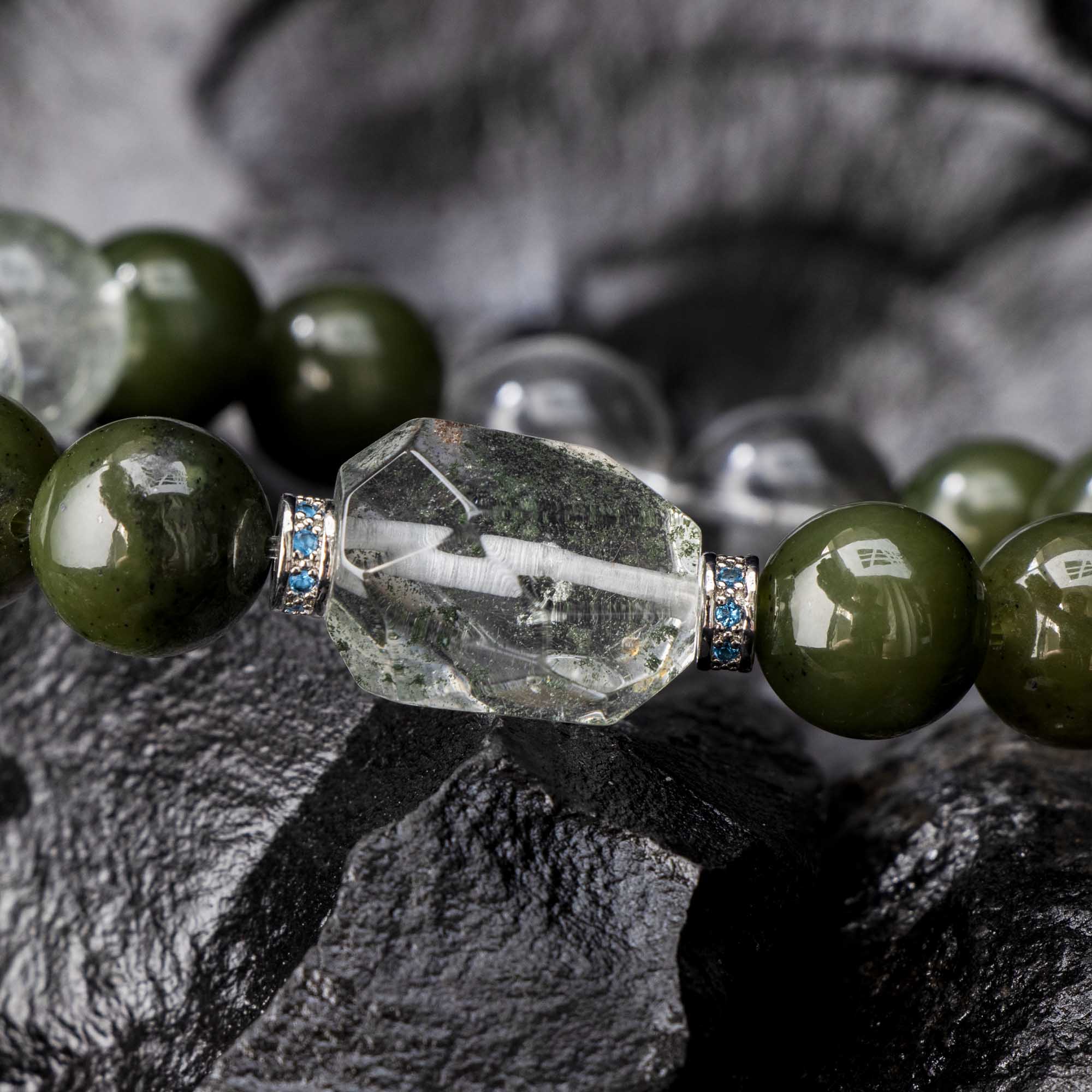 Auralyn Custom Star-Garden Green Phantom Quartz Bracelet, 13–14mm Garden/“Starry” Phantom with Irregular Phantom Accent, Avocado Tone Bead & Natural Wood, Handmade Energy Jewelry for Renewal, Clarity & Grounding