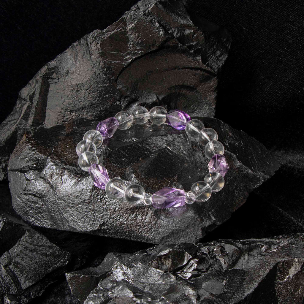 Auralyn Tarot High Priestess Amethyst Crystal Bracelet, 10mm Clear Quartz Beads with Irregular Amethyst, Handmade Tarot Energy Jewelry for Intuition, Calm & Clarity