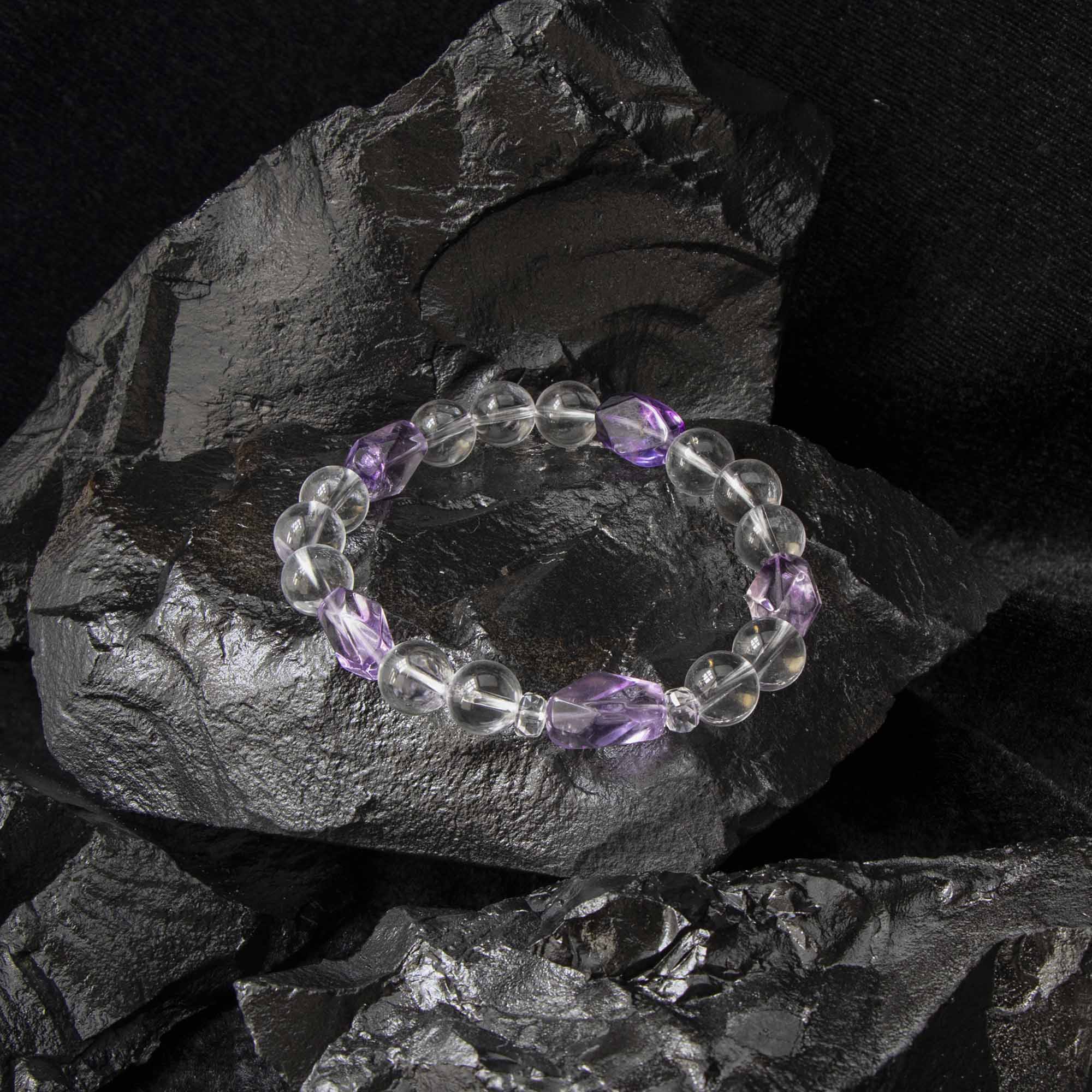 Auralyn Tarot High Priestess Amethyst Crystal Bracelet, 10mm Clear Quartz Beads with Irregular Amethyst, Handmade Tarot Energy Jewelry for Intuition, Calm & Clarity