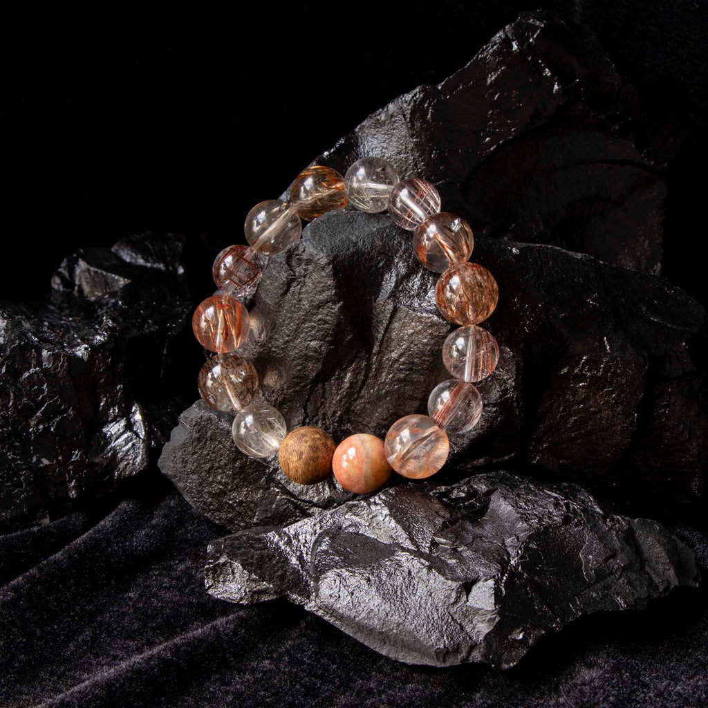 Auralyn Life Rhythm Blooming Flame Crystal Bracelet, 13–14mm Flower Agate, Red & Silver Rutilated Quartz with Natural Agarwood Bead (Subtle Aroma), Handmade Energy Jewelry for Love, Confidence & Grounding