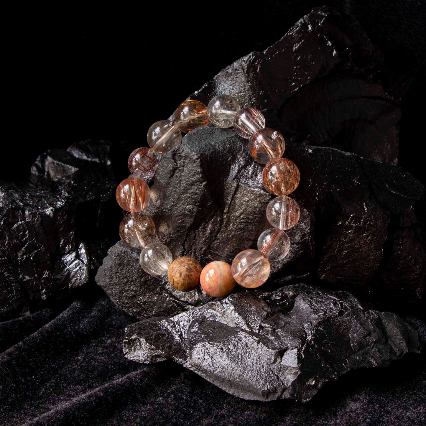 Auralyn Life Rhythm Blooming Flame Crystal Bracelet, 13mm Flower Agate, Red and Silver Rutilated Quartz with Natural Agarwood Bead (Subtle Aroma), Handmade Energy Jewelry for Love, Confidence & Grounding