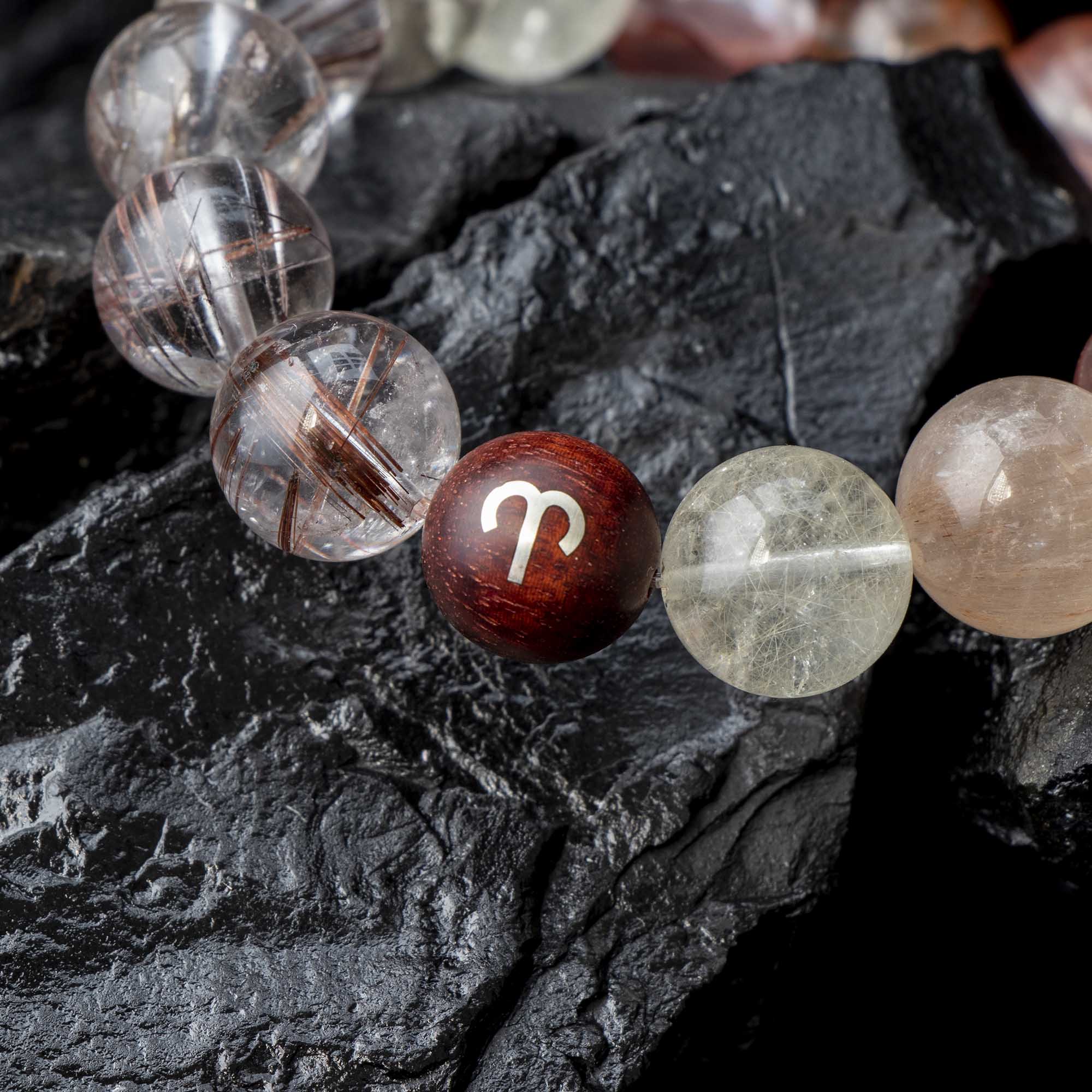 Auralyn Aries Flame Bloom Crystal Bracelet, 13–14mm Red Flower Agate, Red & Venus Rutilated Quartz, Rabbit Hair Quartz, Sterling Silver Aries Bead, Handmade Zodiac Energy Jewelry