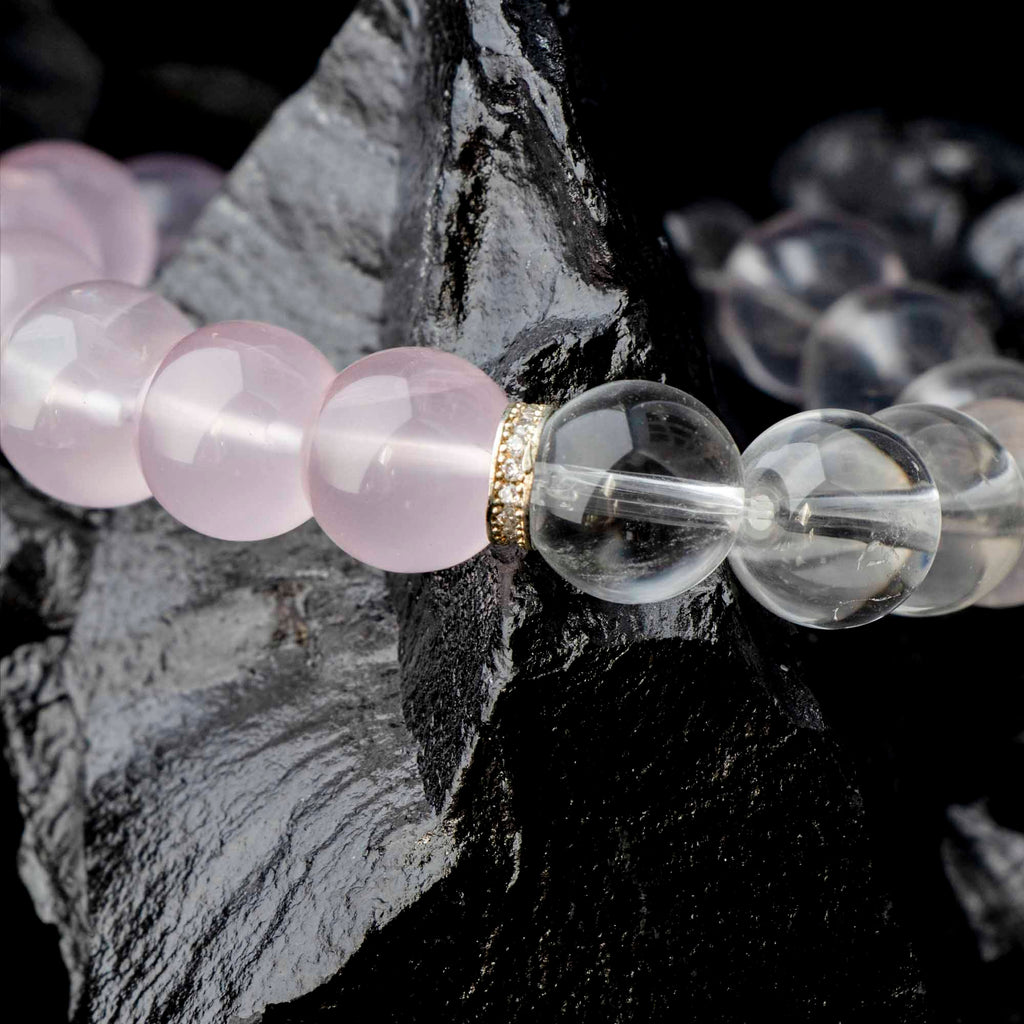 Auralyn Tarot The Lovers Rose Quartz Gradient Bracelet, 13–14mm Light-to-Deep Rose Quartz with Clear Quartz & Gold-Plated Spacers, Handmade Crystal Energy Jewelry for Love, Self-Care & Harmony