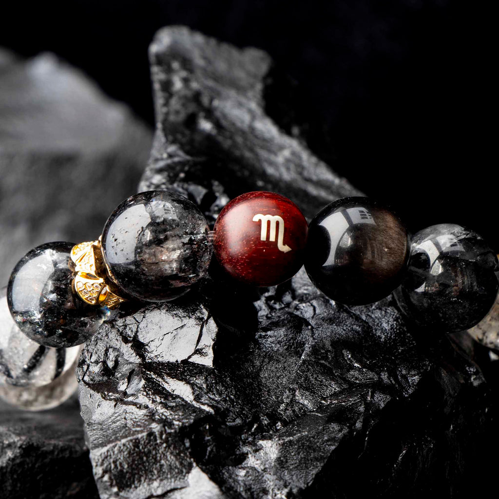 Auralyn Virgo Precision Shield Crystal Bracelet, 13–14mm Silver Obsidian, Black Labradorite, Herkimer Diamond & Black Rutilated Quartz with Gold-Plated Spacers and Sterling Silver Virgo Inlaid Bead, Handmade Zodiac Energy Jewelry