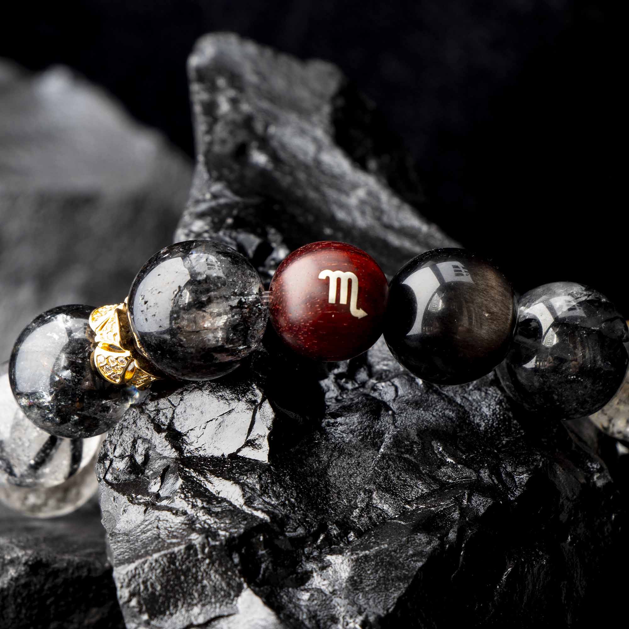 Auralyn Virgo Precision Shield Crystal Bracelet, 13–14mm Silver Obsidian, Black Labradorite, Herkimer Diamond & Black Rutilated Quartz with Gold-Plated Spacers and Sterling Silver Virgo Inlaid Bead, Handmade Zodiac Energy Jewelry