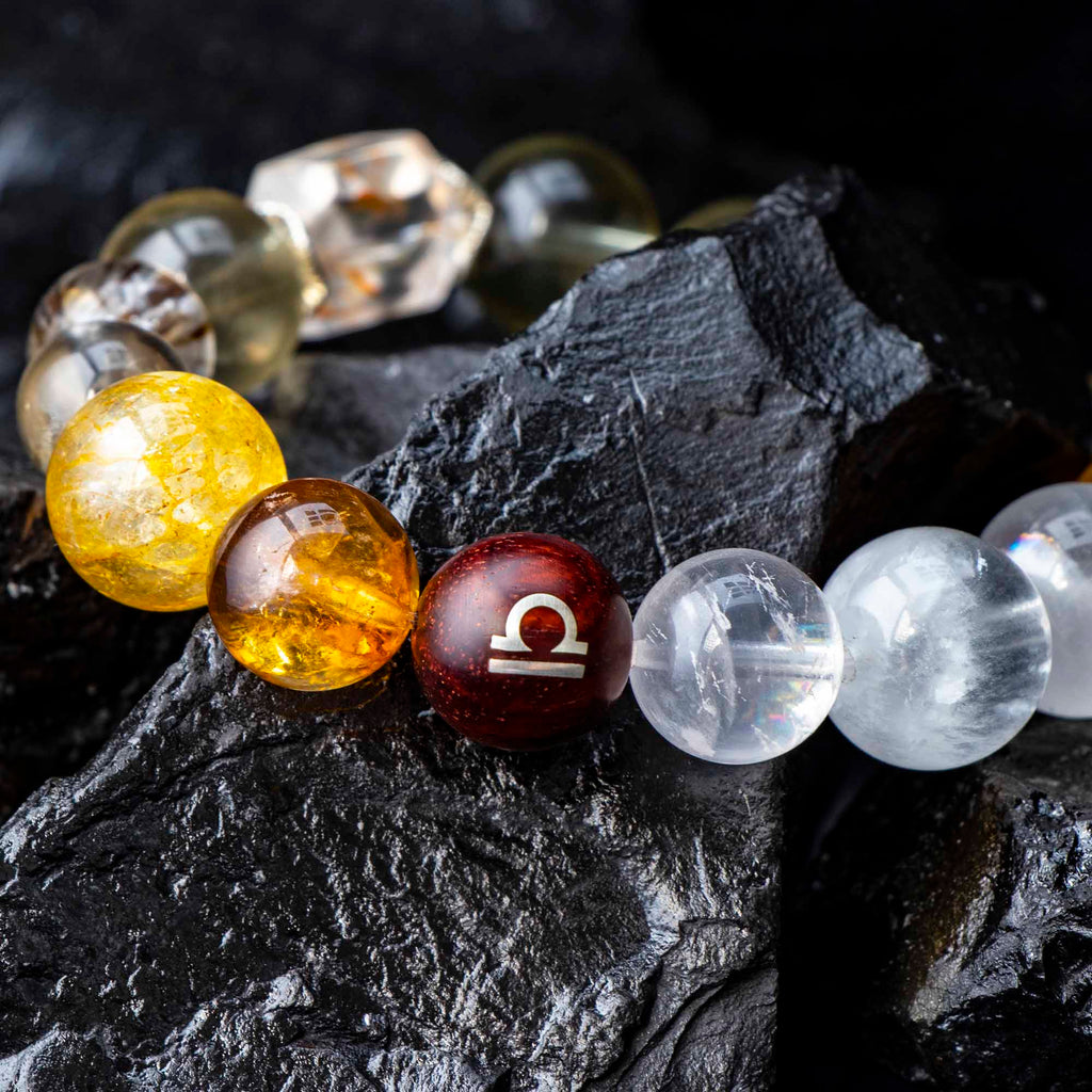 Auralyn Libra Golden Balance Super Seven Crystal Bracelet, 13–14mm Super Seven with Citrine, Flower Agate (Golden/Orange), White Phantom Quartz & Tiger’s Eye, Raw Mineral Accent, Sterling-Silver Inlaid Libra Redwood Bead, Handmade