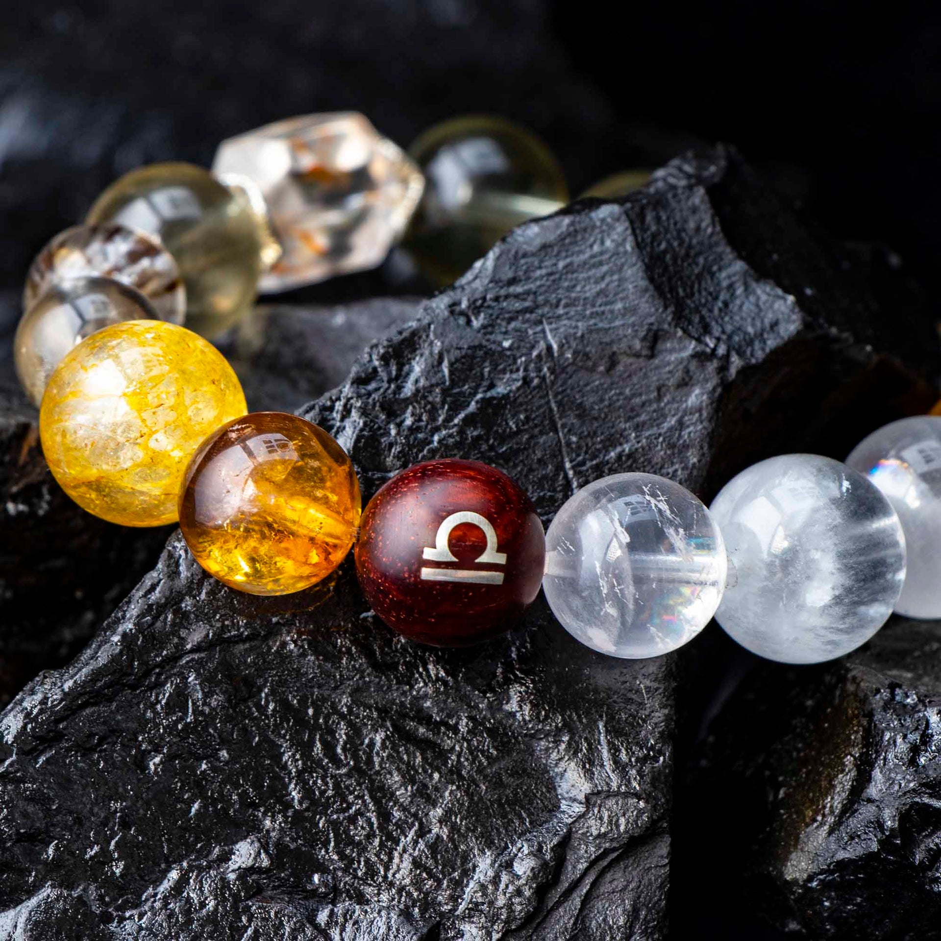 Auralyn Libra Golden Balance Super Seven Crystal Bracelet, 13–14mm Super Seven with Citrine, Flower Agate (Golden/Orange), White Phantom Quartz & Tiger’s Eye, Raw Mineral Accent, Sterling-Silver Inlaid Libra Redwood Bead, Handmade