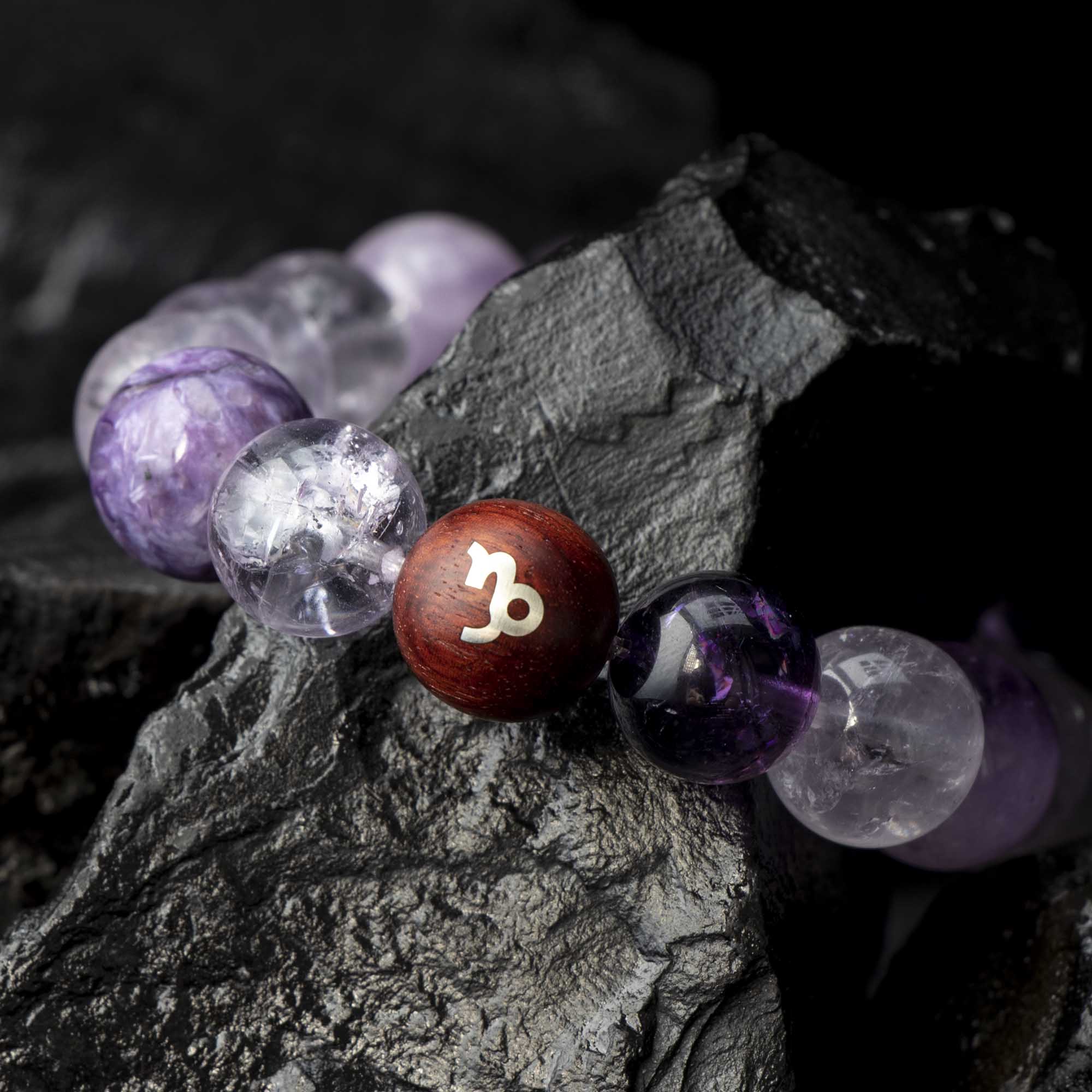 Auralyn Capricorn Amethyst Ascend Crystal Bracelet, 13–14mm Gradient Amethyst Beads with Irregular Amethyst, Tibetan Silver Spacers & Sterling Silver Capricorn Inlaid Redwood Bead, Handmade Zodiac Energy Jewelry for Wisdom & Success