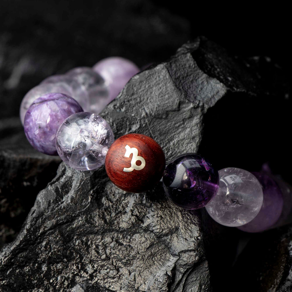 Auralyn Capricorn Amethyst Ascend Crystal Bracelet, 13–14mm Gradient Amethyst Beads with Irregular Amethyst, Tibetan Silver Spacers & Sterling Silver Capricorn Inlaid Redwood Bead, Handmade Zodiac Energy Jewelry for Wisdom & Success