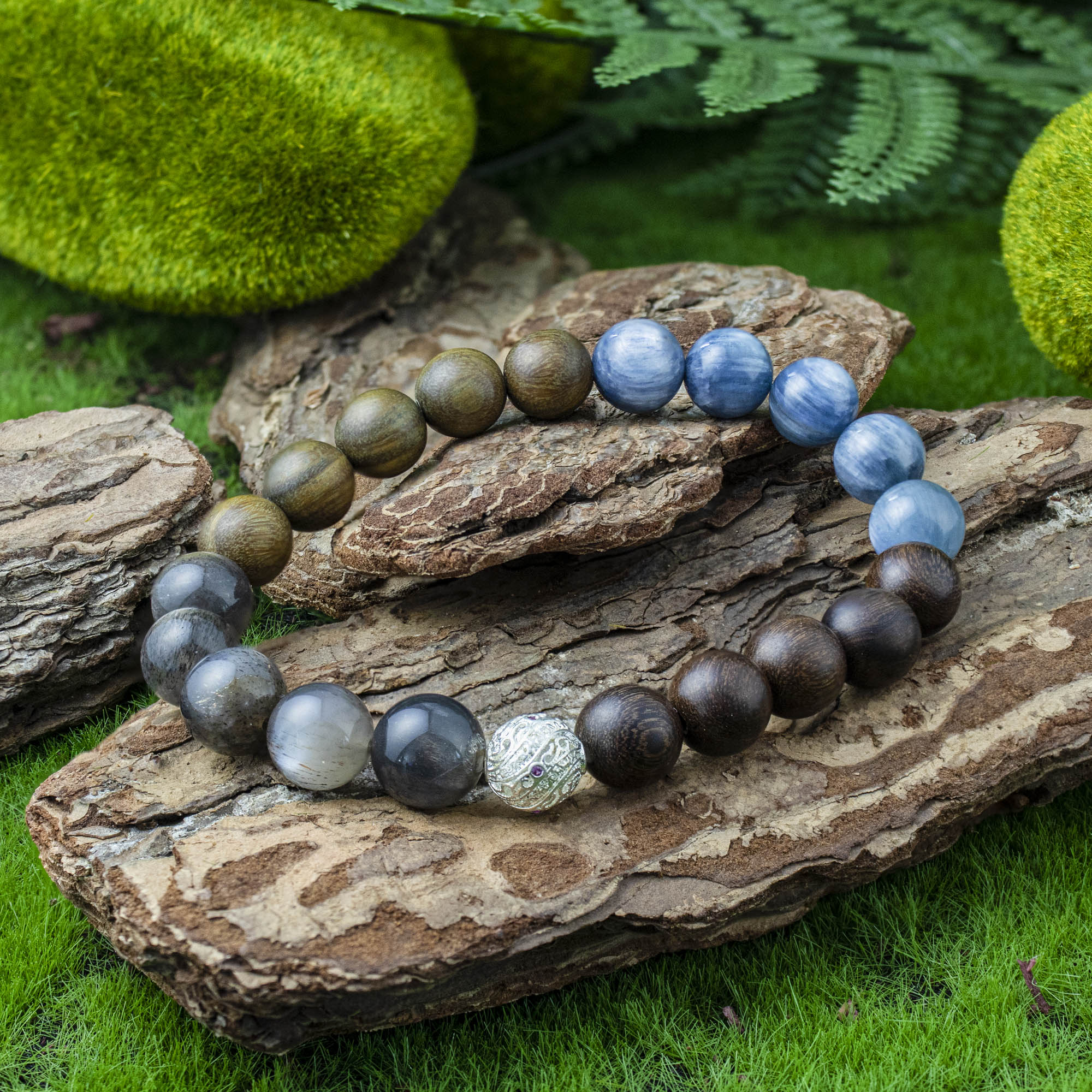 Auralyn Custom Kyanite Nightwood Crystal Bracelet, 10–12mm Kyanite with Black Tourmalinated/“Backbone” Quartz, Black Labradorite, Red & Green Sandalwood Beads and Filigree Silver Spacer, Handmade Energy Jewelry