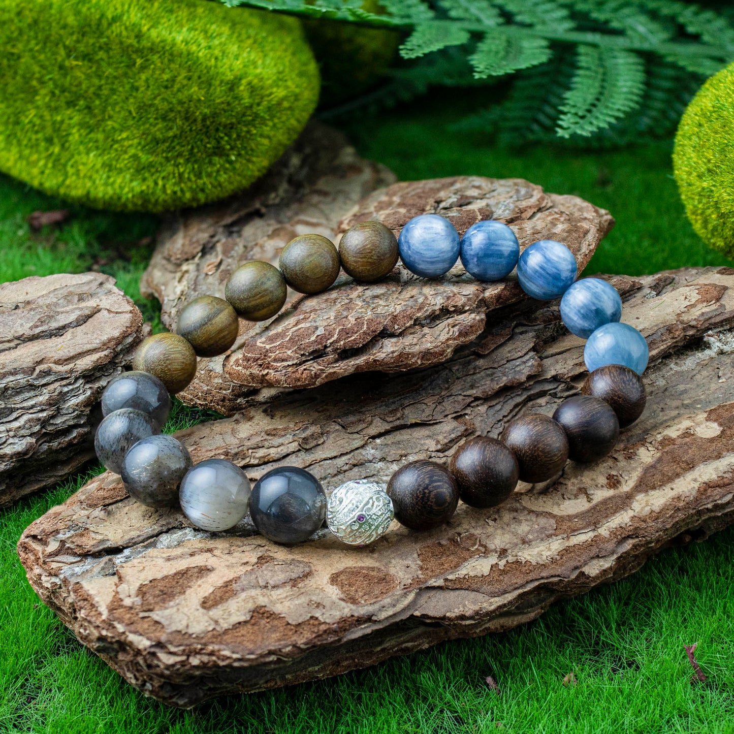 Auralyn Custom Kyanite Nightwood Crystal Bracelet, 10–12mm Kyanite with Black Tourmalinated/“Backbone” Quartz, Black Labradorite, Red & Green Sandalwood Beads and Filigree Silver Spacer, Handmade Energy Jewelry