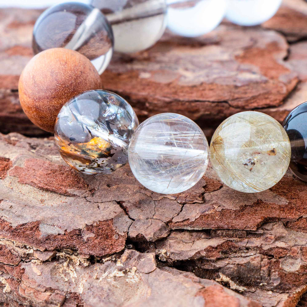 Auralyn Life Rhythm Smoky Quartz Crystal Bracelet, 13–14mm Smoky Quartz, Silver & Venus Rutilated Quartz with Clear Quartz and Wood Bead, Handmade Energy Jewelry