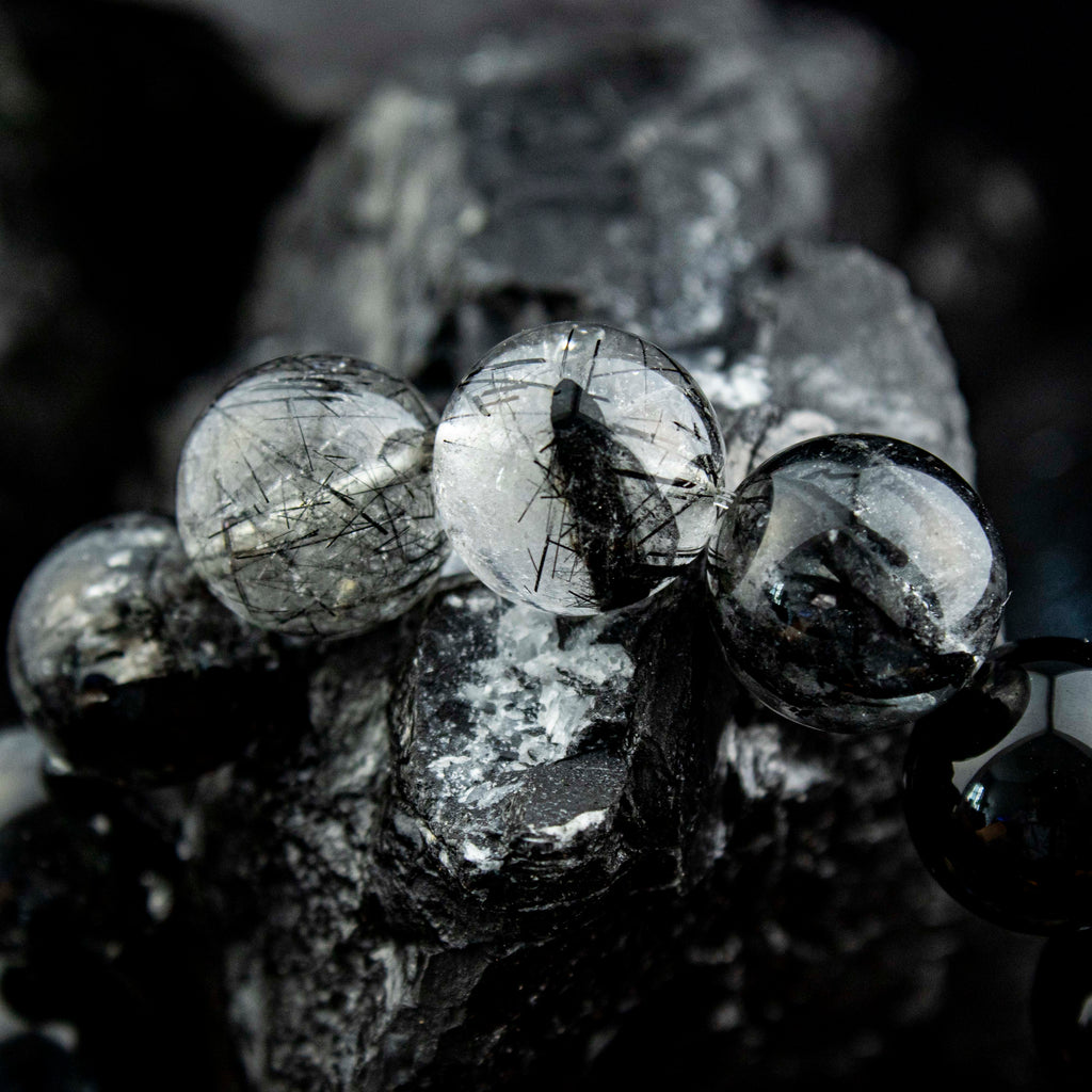 Abyssal Meridian Bracelet – Blue Tiger’s Eye, Black Rutilated, Sparkle Quartz & Gray Moonstone | 13–14mm Handmade Gift